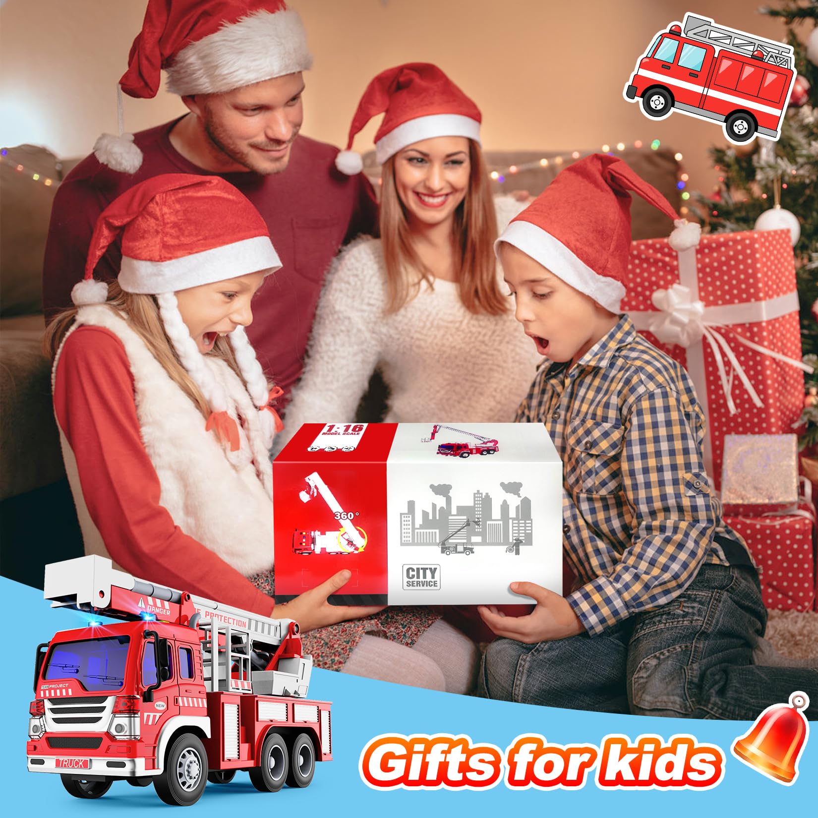 GizmoVine Fire Engine Toy - Lights, Sound & 360° Rotating Ladder Rescue Vehicle for Kids 3+ 6