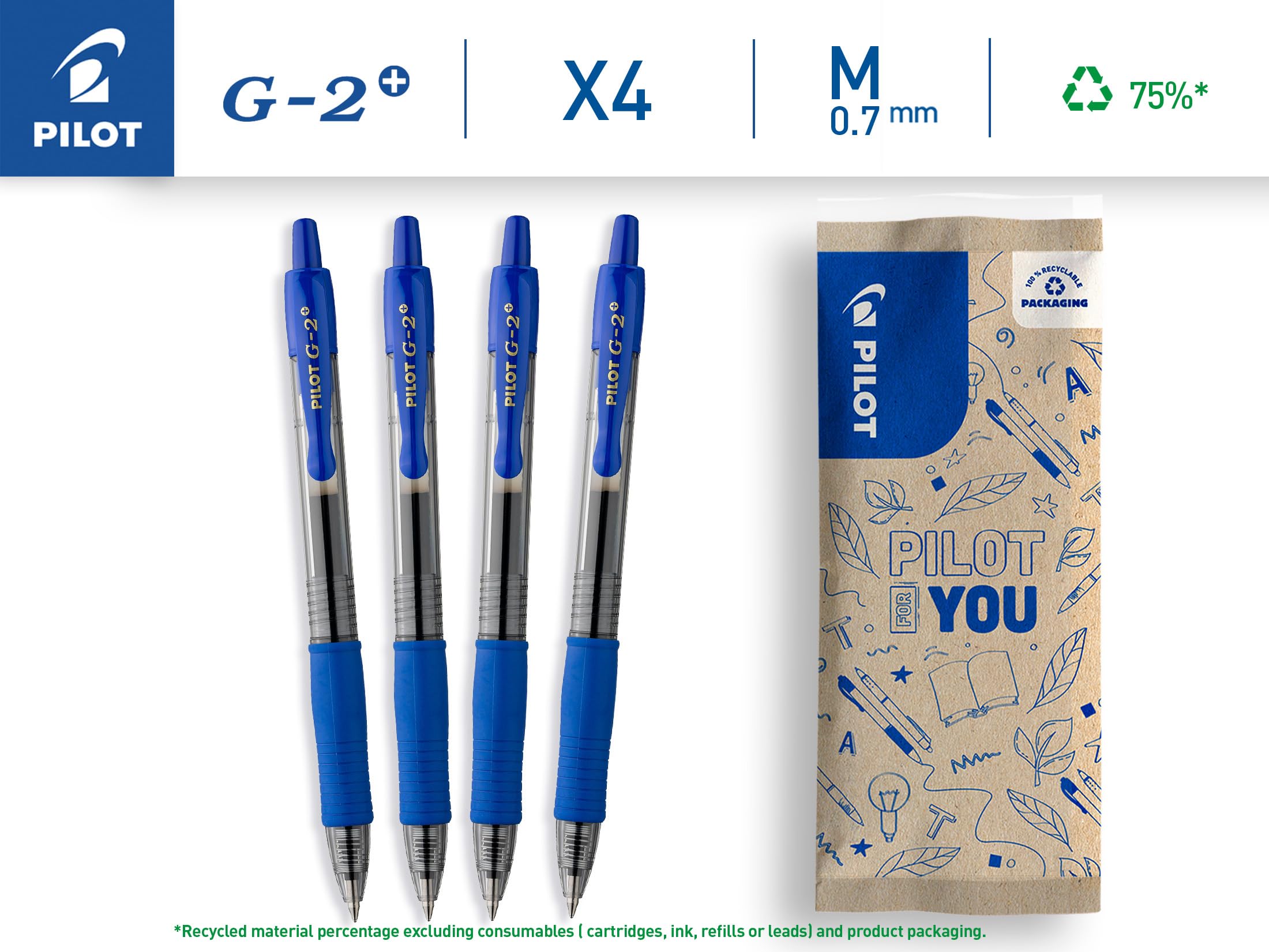PILOT G2-07 Retractable Gel Rollerball Pen - Medium 0.7mm Tip, Blue Ink - 4 Pack
