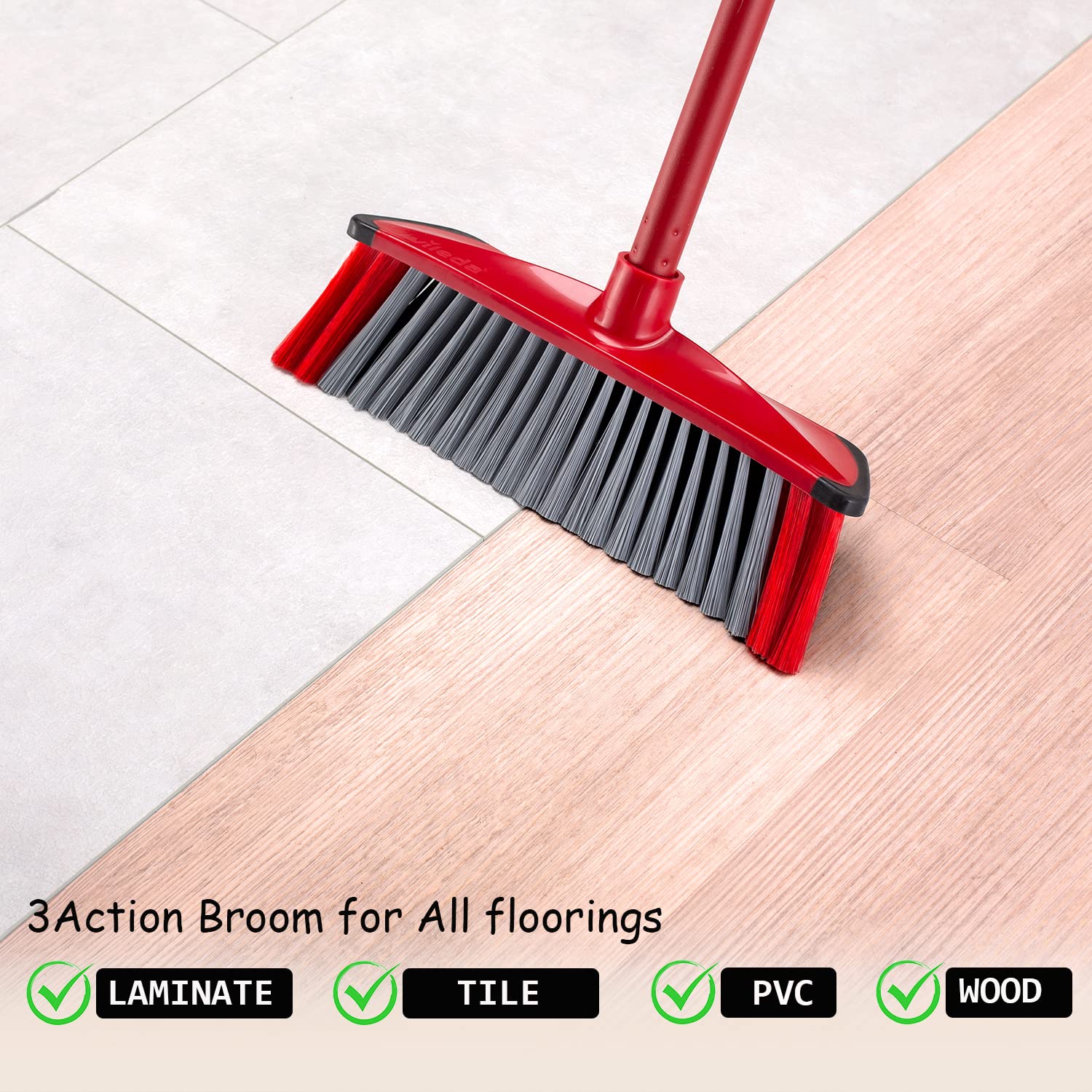 Vileda 3Action Indoor Broom with 3 Different Bristles, Red - Grey, 28 x 14 cm 7