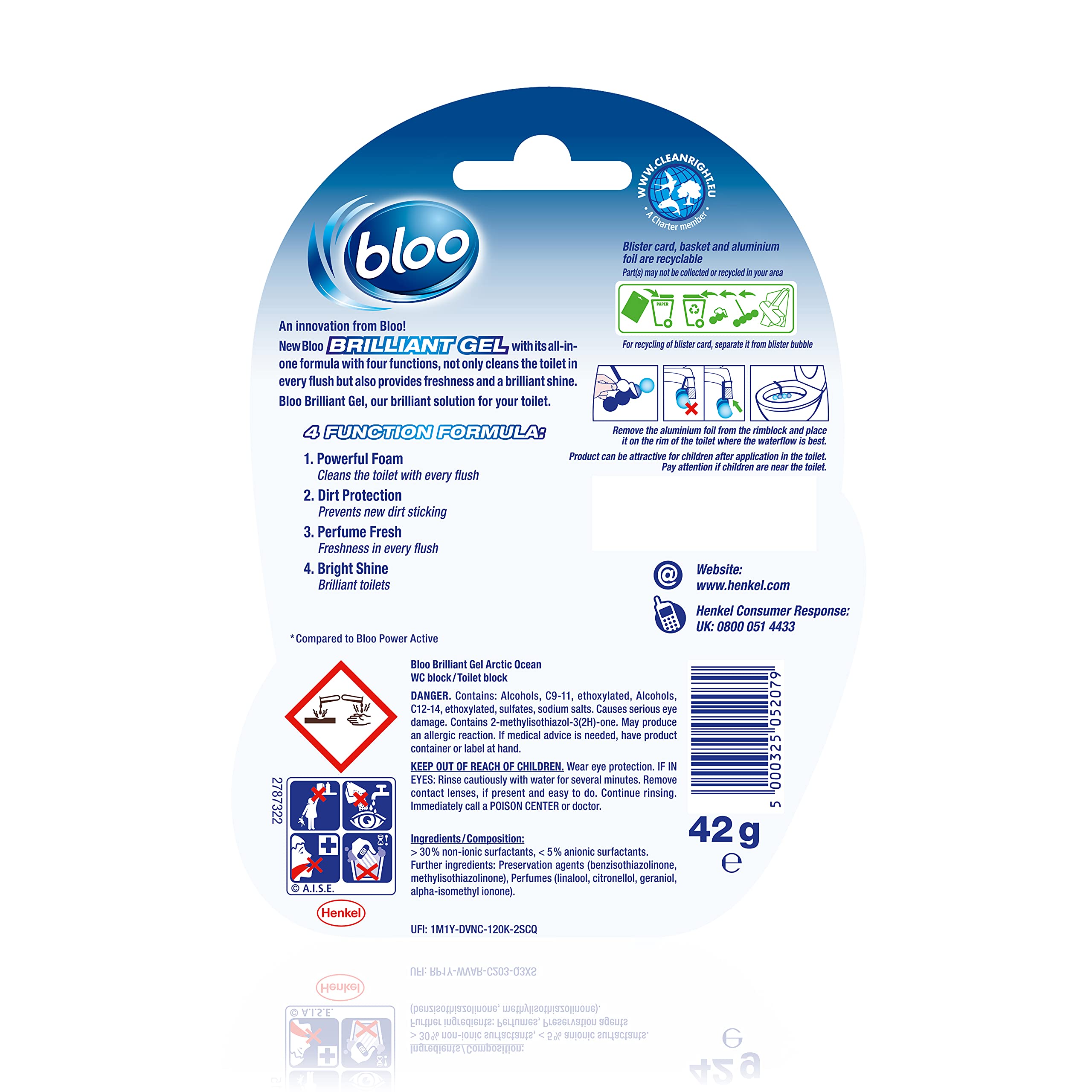 Bloo Brilliant Gel All in 1 Toilet Rim Block Cleaner - Arctic Ocean Fresh Scent | 42 g (Pack of 1)