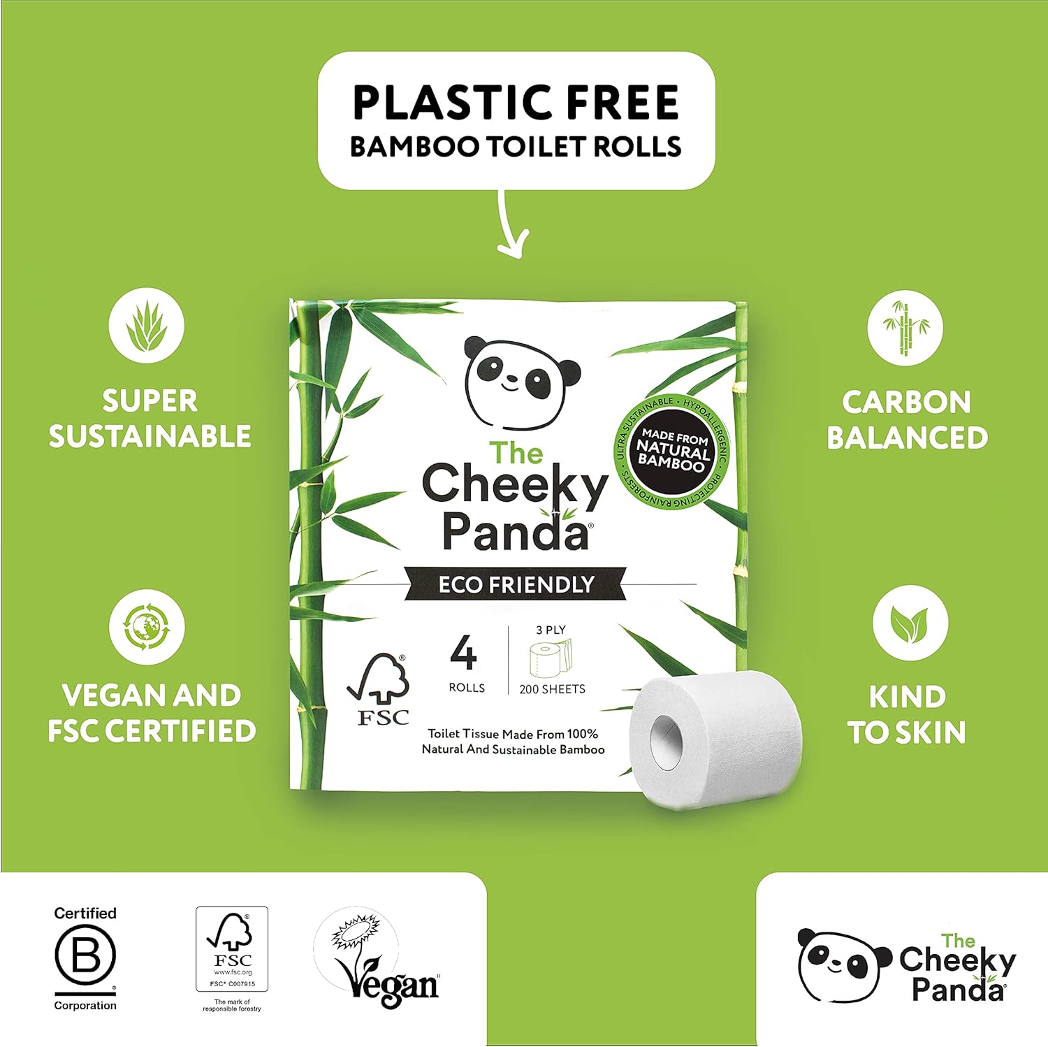 The Cheeky Panda - Bamboo Toilet Tissue Paper (Pack of 4 Rolls, 3-Ply, 200 Sheets) 6