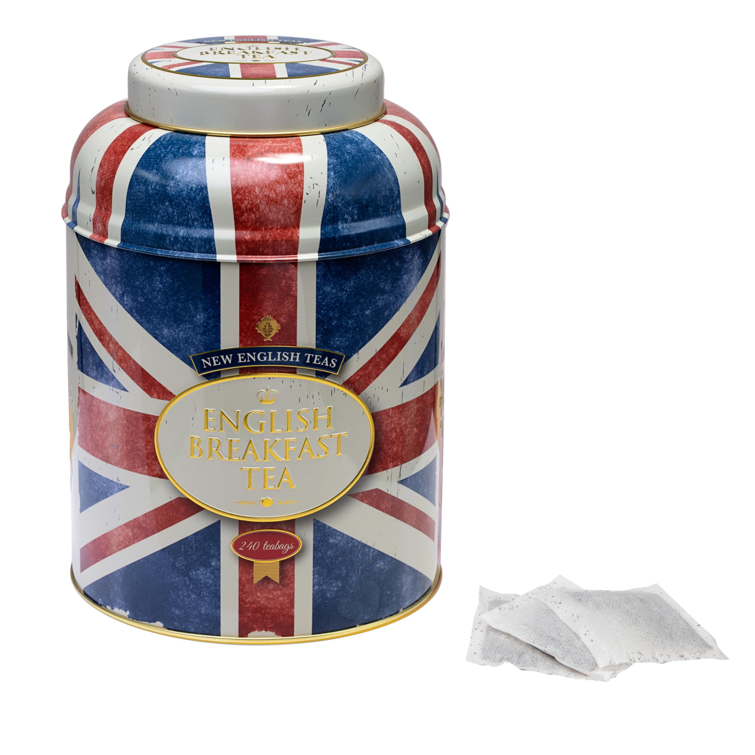 New English Teas Union Jack Large Round Tea Caddy with 240 English Breakfast Tea Bags