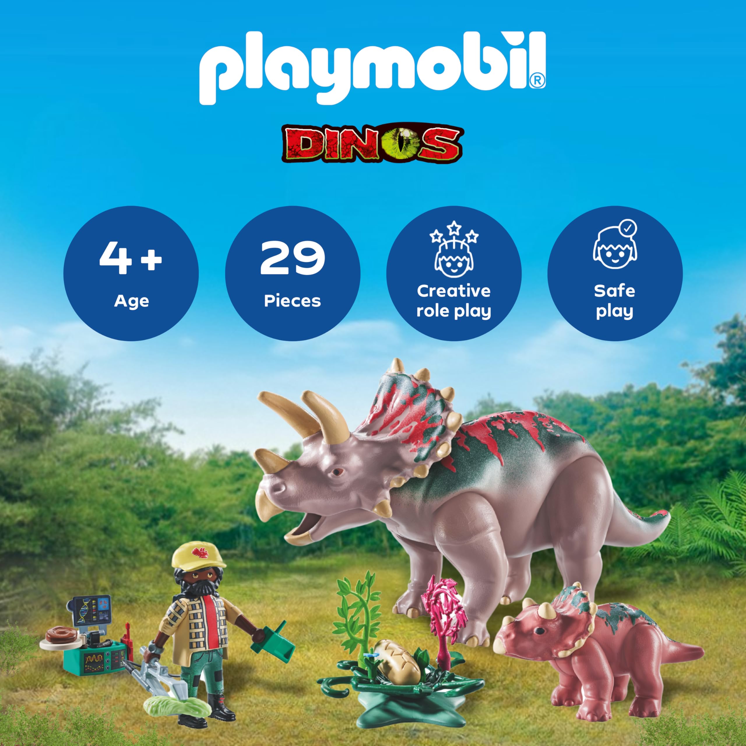 Playmobil Dinos Triceratops with Baby Playset - Educational Dinosaur Action Figures for Kids 3