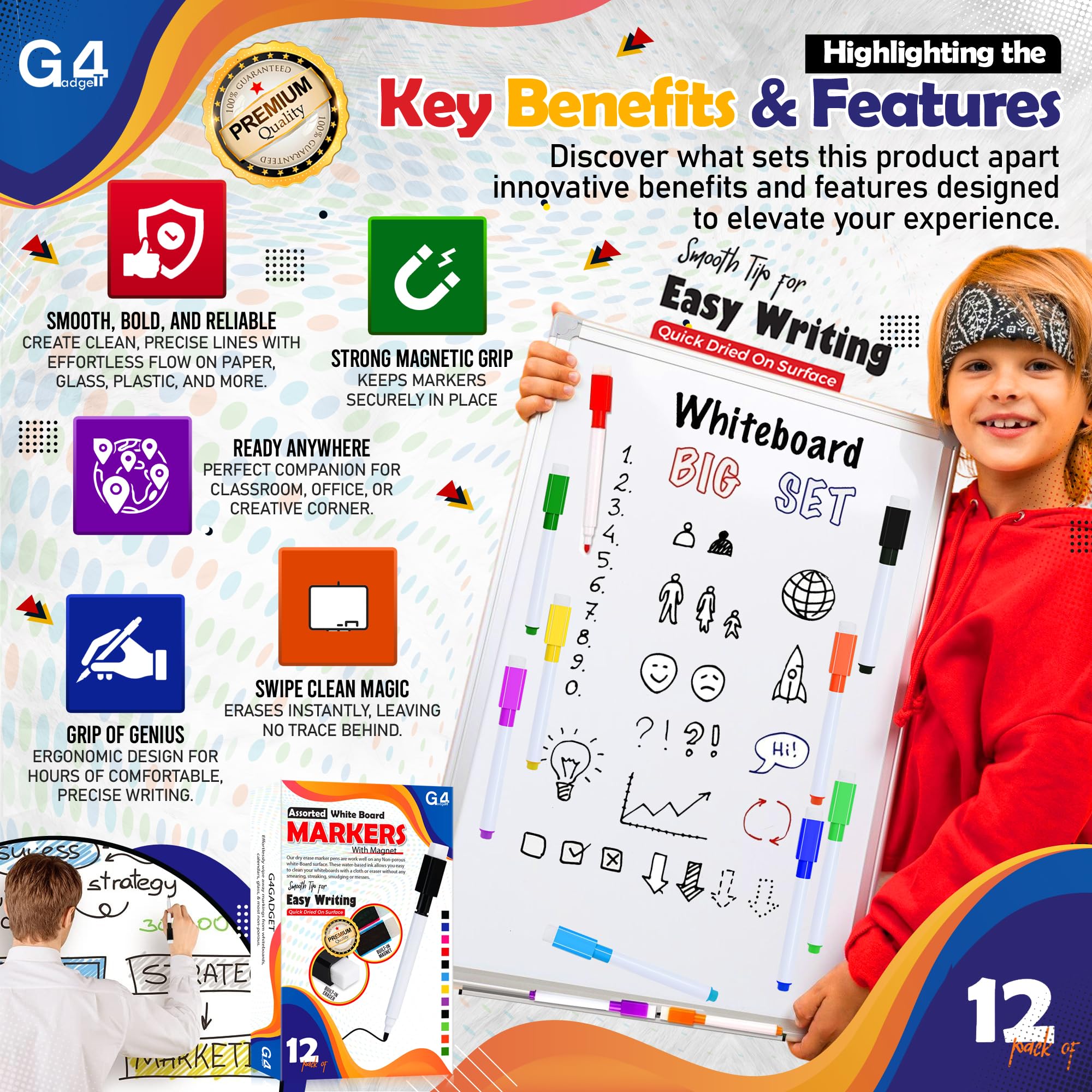G4GADGET 12 Pack Dry Erase Markers - Magnetic Cap & Built-in Eraser | Assorted Colors 2