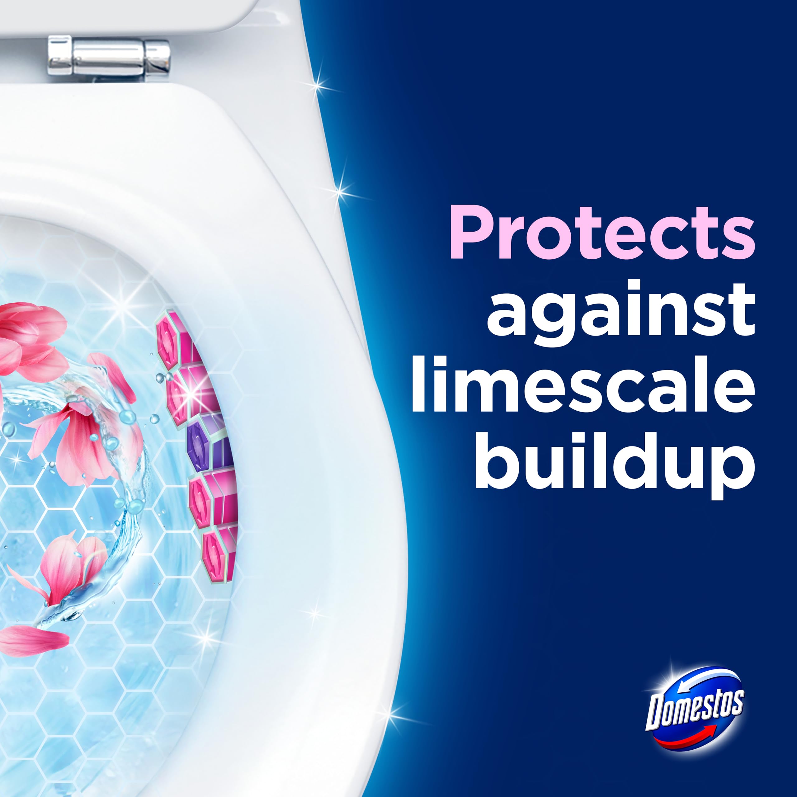 Domestos Power 5 Magnolia Toilet Rim Block - Long-Lasting Toilet Freshener for Up to 300 Flushes