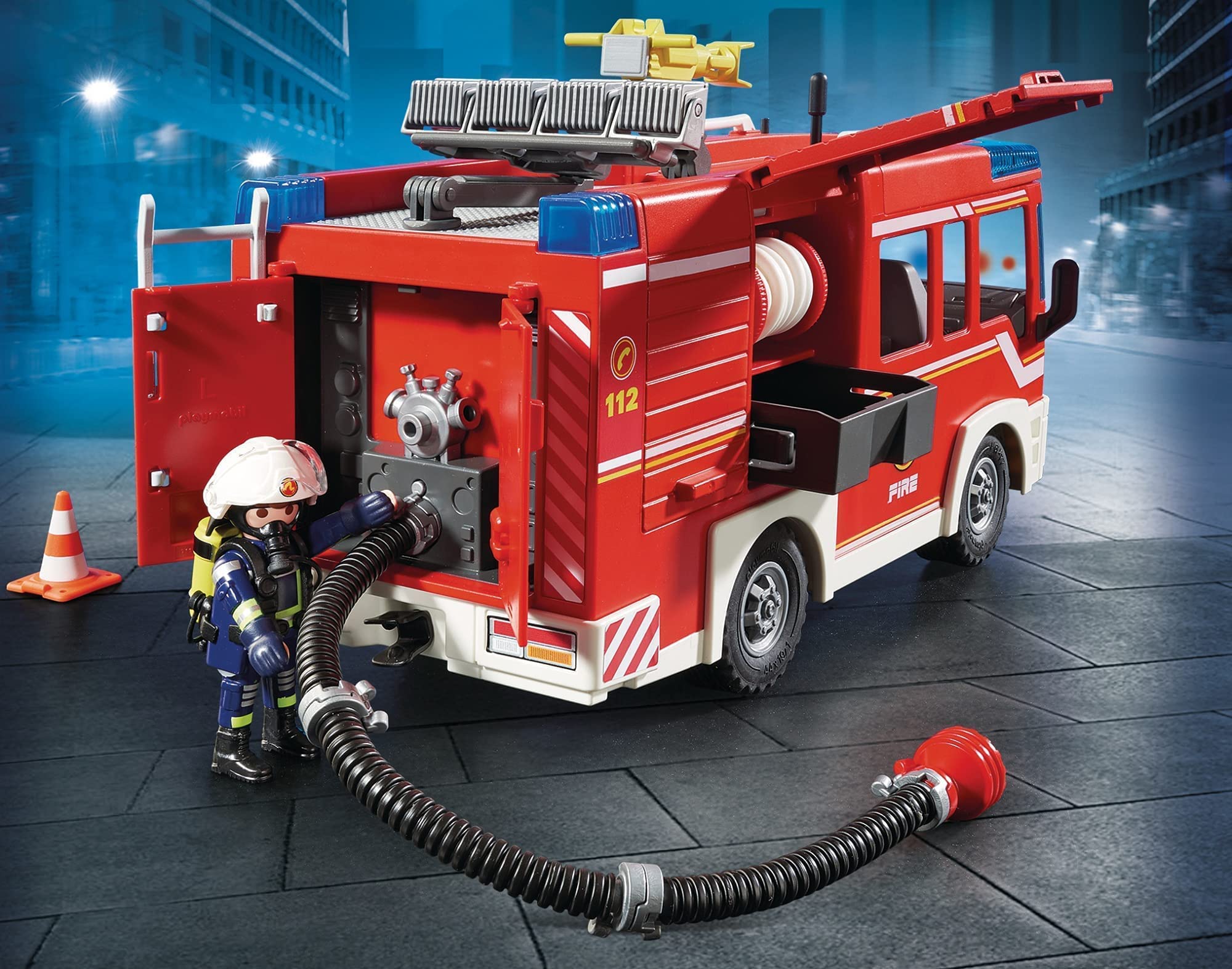 Playmobil 9464 Fire Engine with Working Water Cannon, Light & Sound Effects, Firefighter & Helicopter Playset for Kids 4+ 8