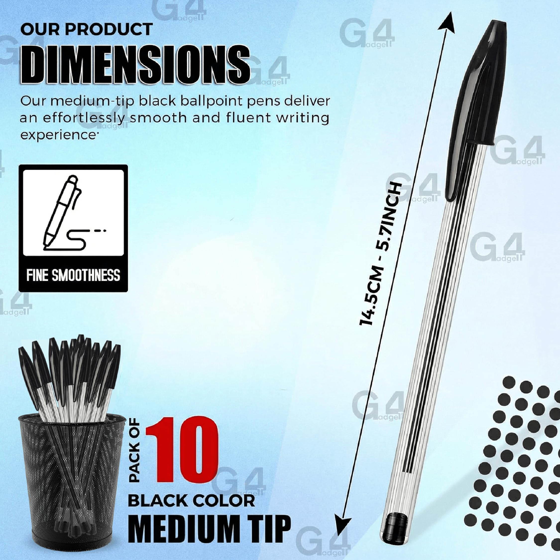 G4GADGET Premium Ballpoint Pens - Pack of 10 Black Ink Medium Tip | 0.5mm Line | Ergonomic Grip