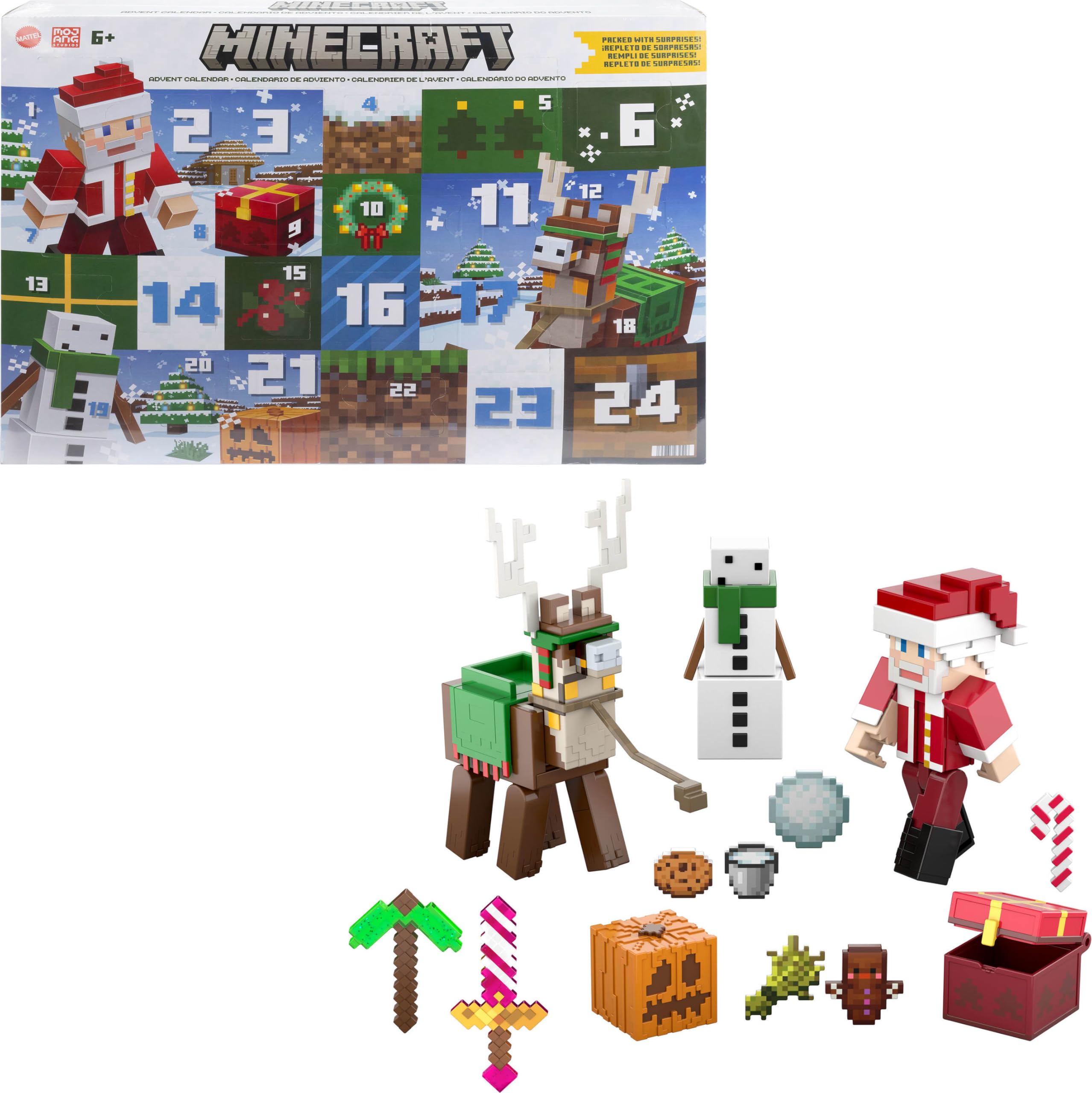 Mattel Minecraft Advent Calendar - 24 Days of Holiday Fun with 3 Action Figures & Accessories