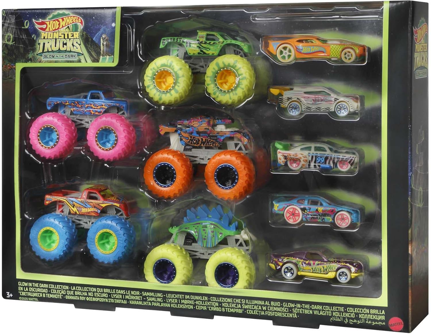 Hot Wheels Monster Trucks Glow in the Dark Bundle - 10-Piece Set with 5 Monster Trucks and 5 Die-Cast Cars 7