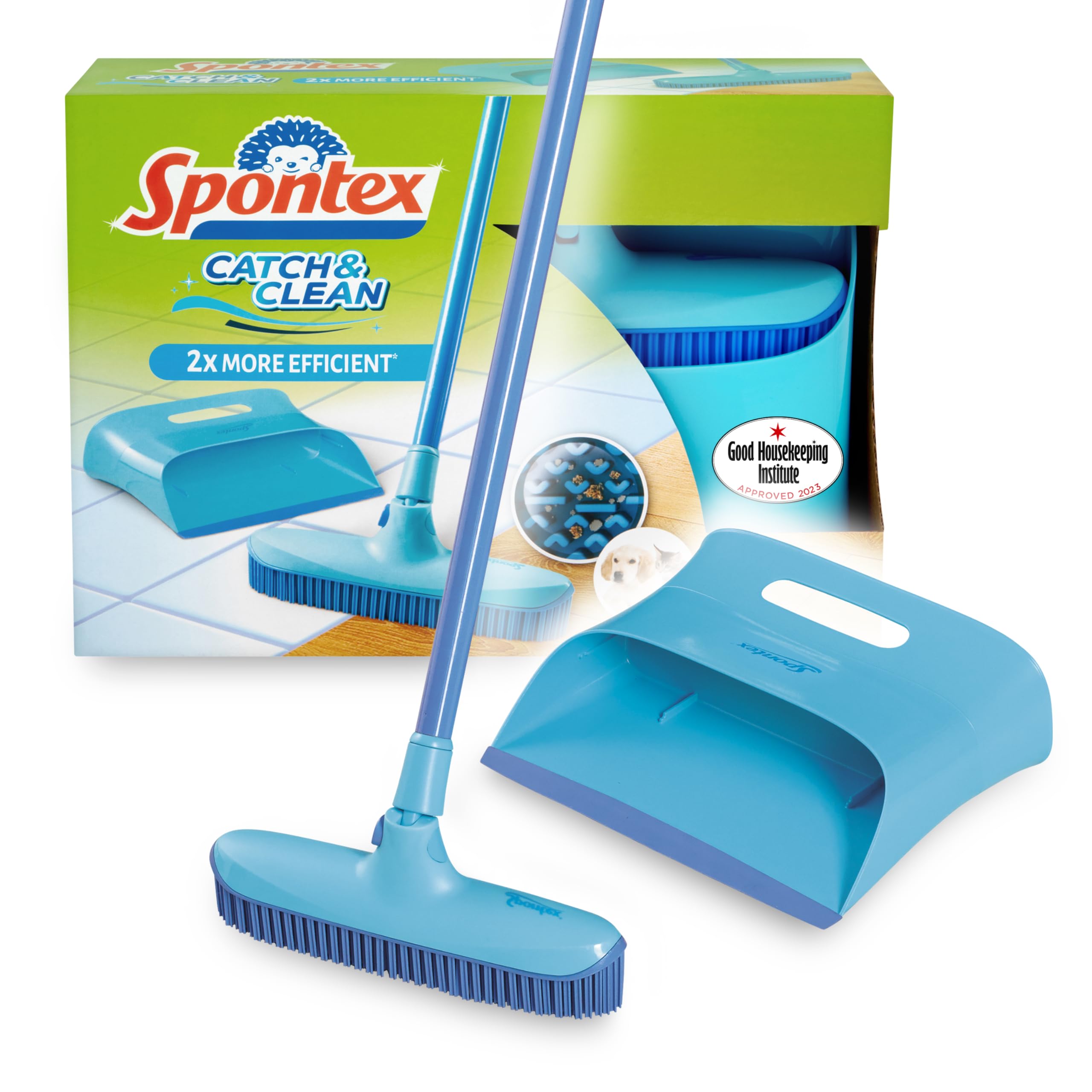 Spontex Catch & Clean Rubber Broom and Dustpan Set - 2X More Efficient | Adjustable Head