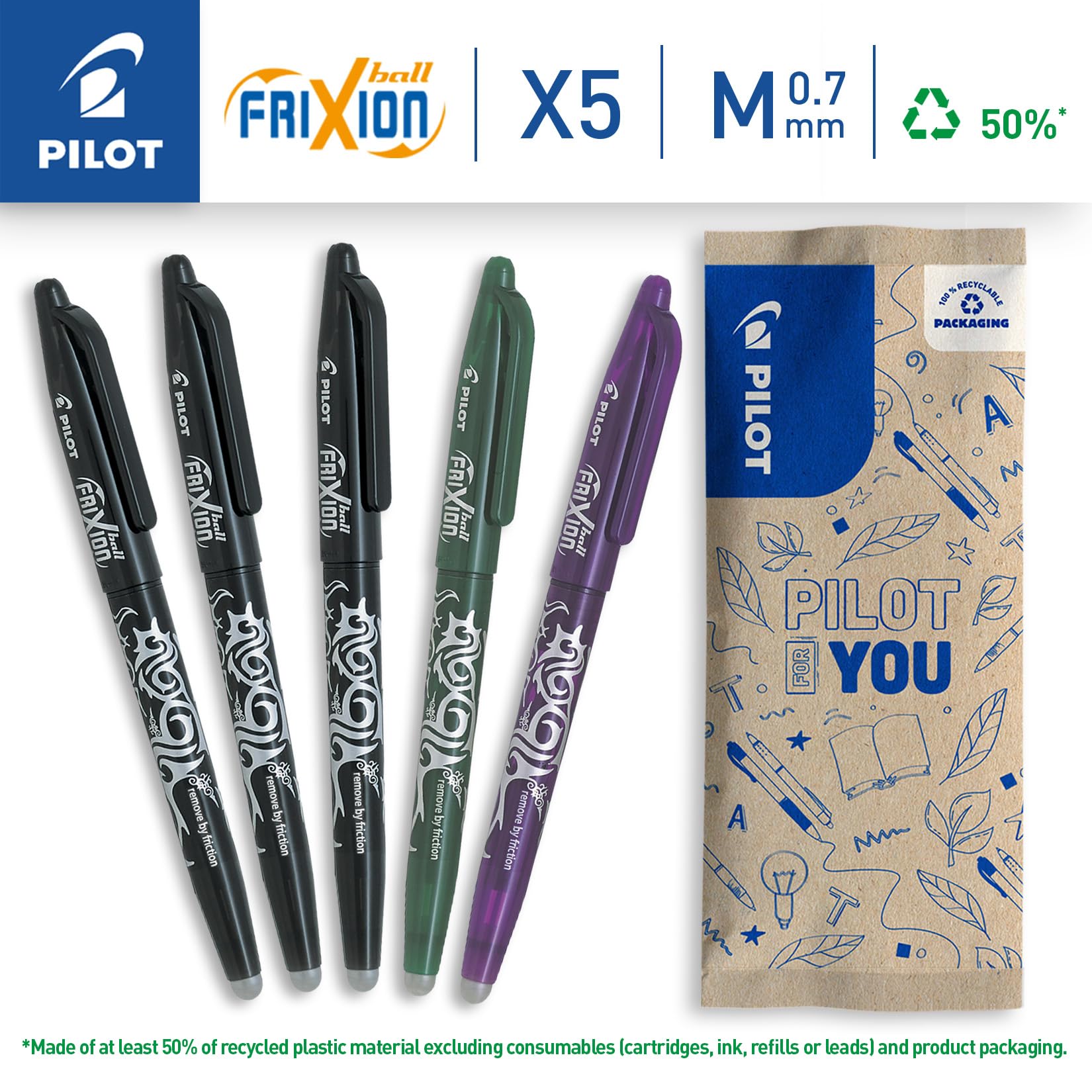 PILOT FriXion Ball 07 Erasable Gel Ink Rollerball Pen Set | 0.7mm Medium Tip | Refillable