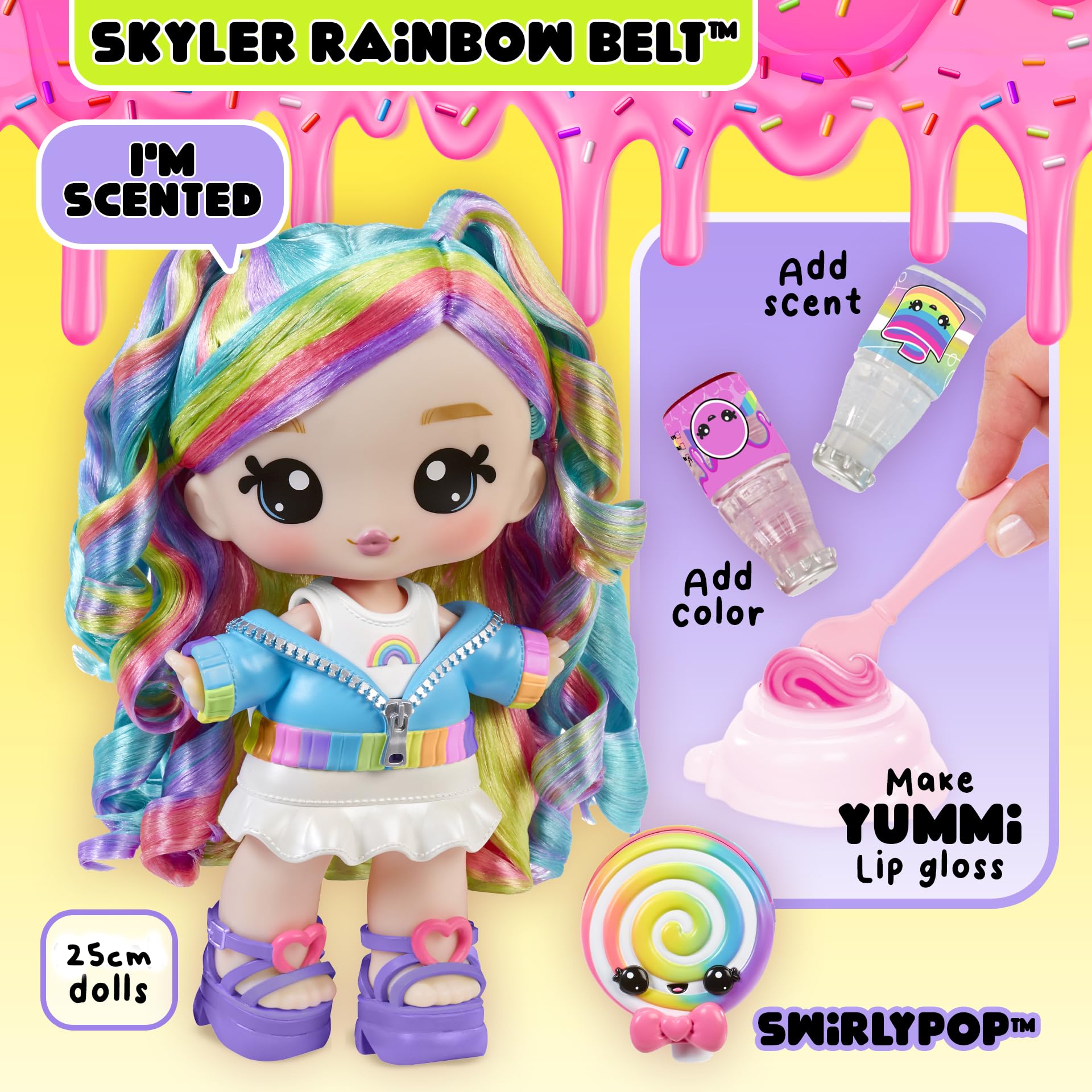 YUMMI LAND Skyler Rainbow Belt Doll with DIY Lip Gloss Kit - Num Nom Pet Playset