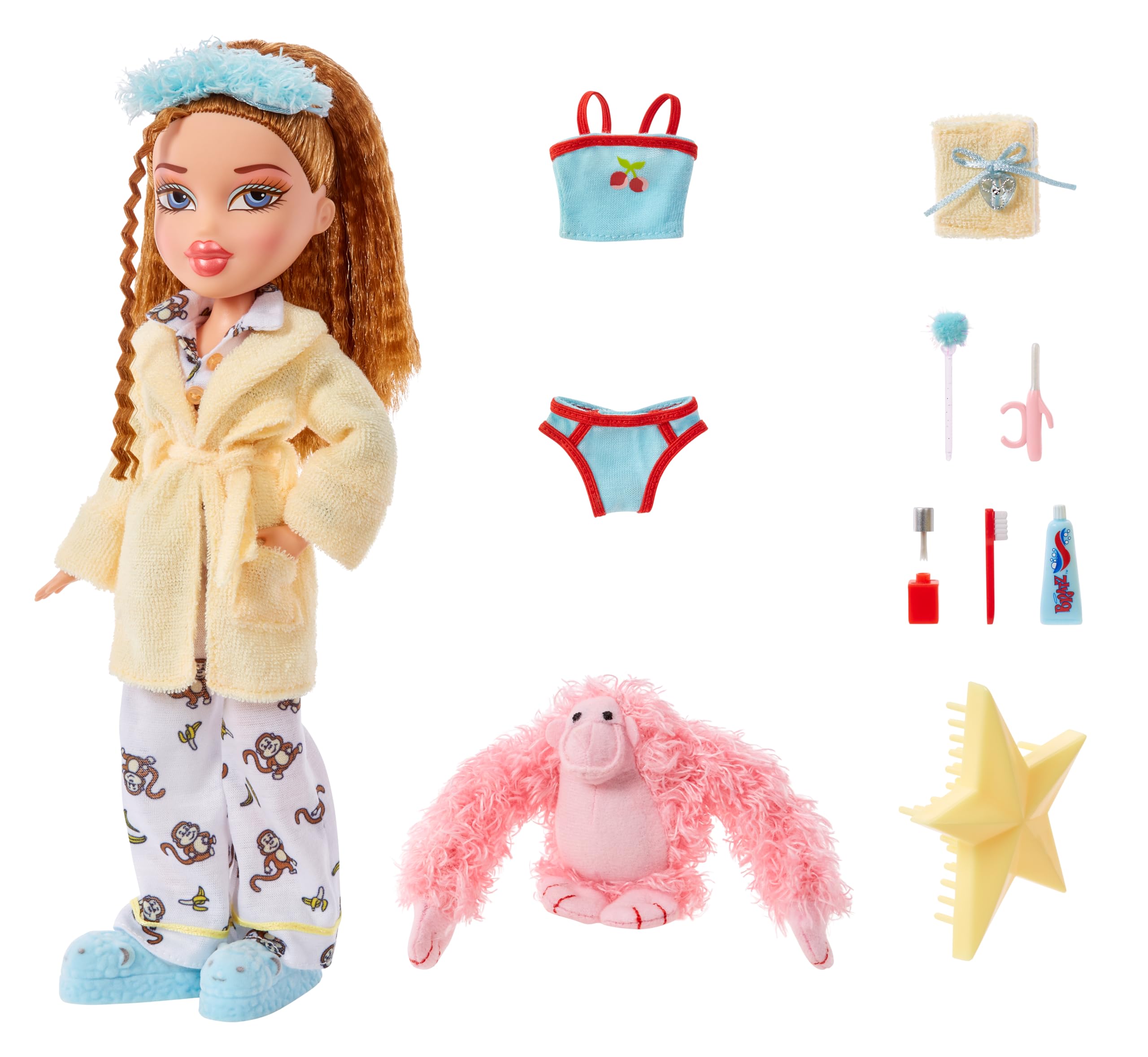Bratz Slumber Party Fashion Doll - Meygan | 2 Outfits | Includes Plush Gorilla | Ages 6+
