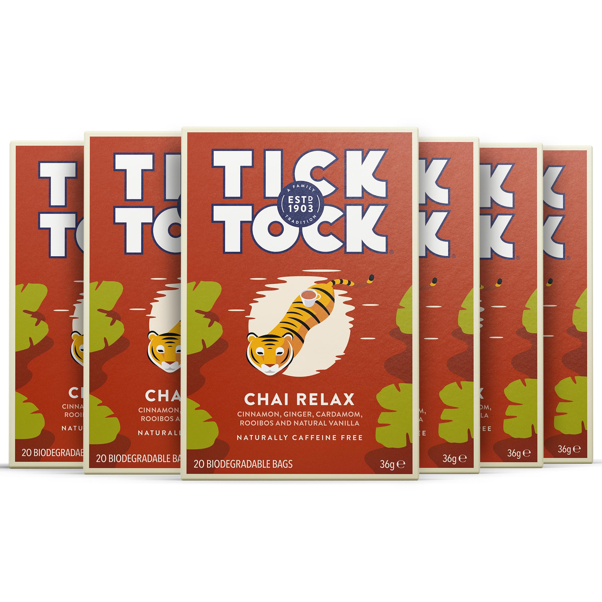 Tick Tock - Wellbeing Relax Chai Tea 6 x 20 (120 Teabags), Caffeine-Free Rooibos