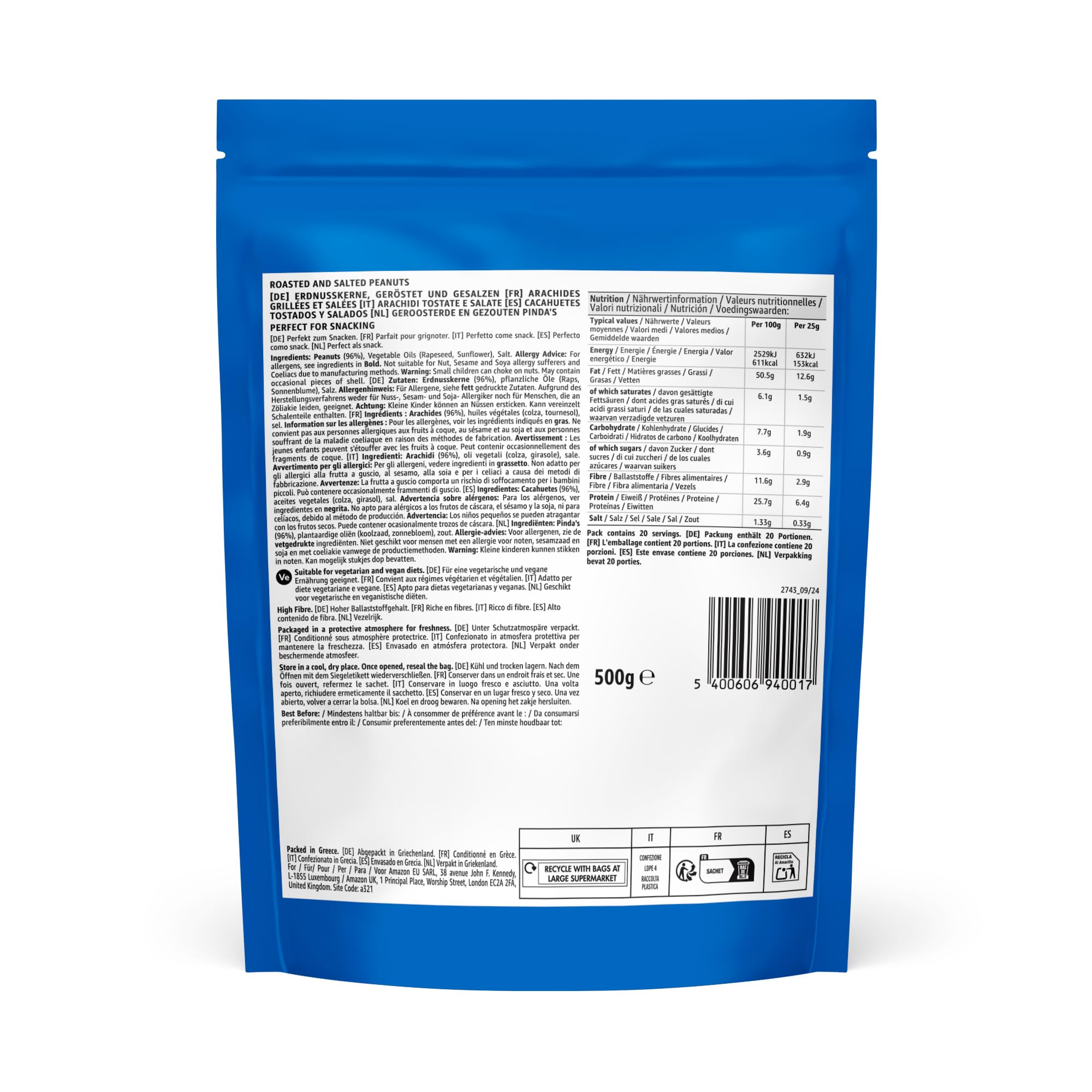 Amazon Geröstete und gesalzene Erdnüsse 500 g – ballaststoffreicher, vegetarischer und veganer Snack