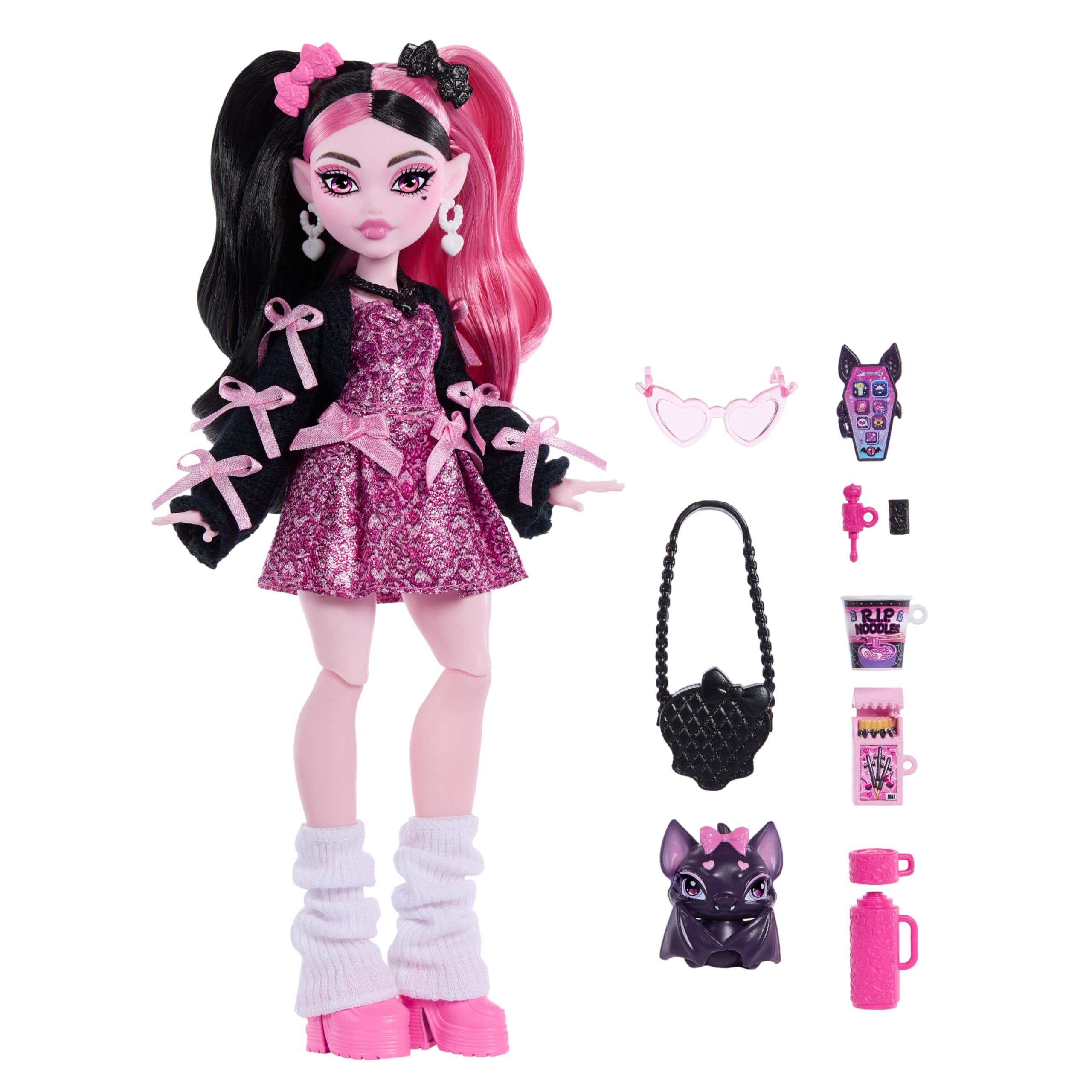 Monster High Draculaura Doll - Pink Bow Dress, Black Cardigan & Pet Bat - 4+ Years 4