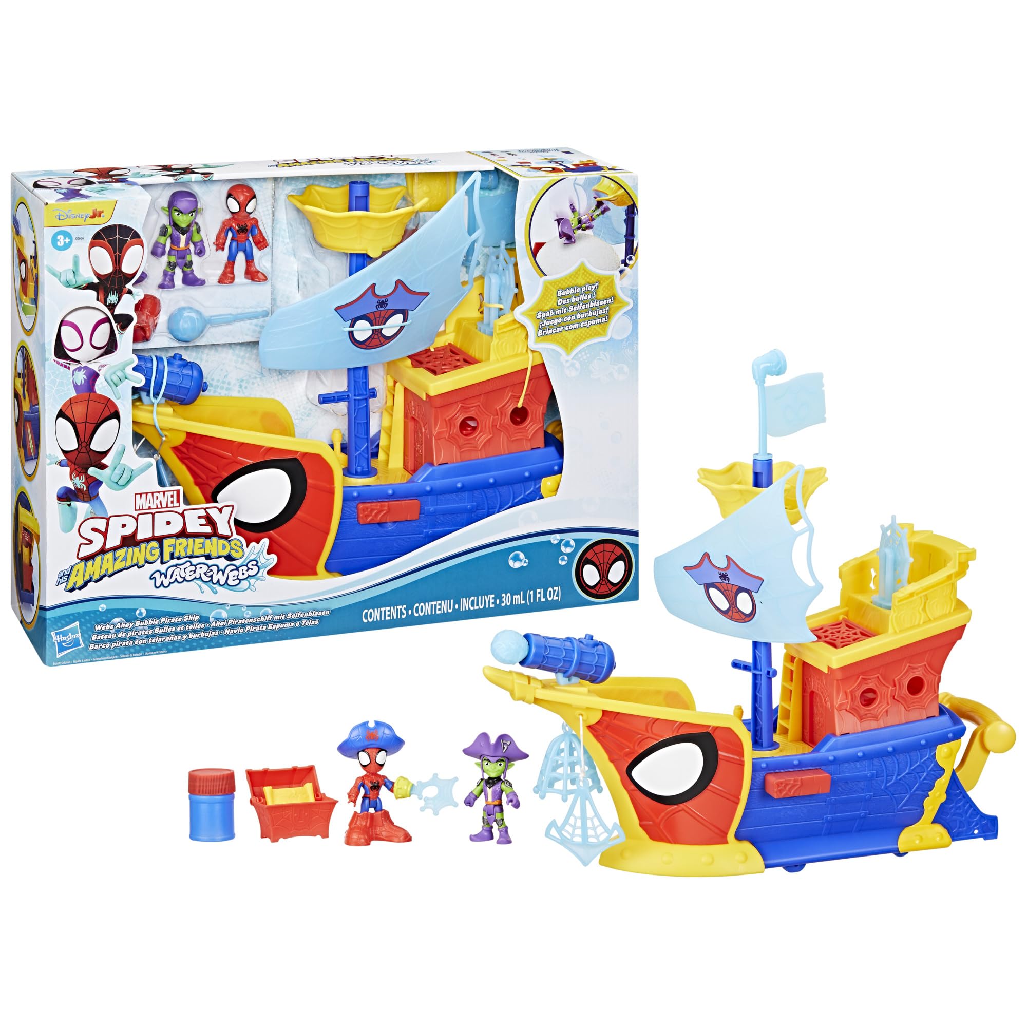 Spidey and His Amazing Friends Water-Webs Webs Ahoy Bubble Pirate Ship Playset - 43 cm with Real Bubble Maker, Spidey & Green Goblin Figures, Ages 3+ 15