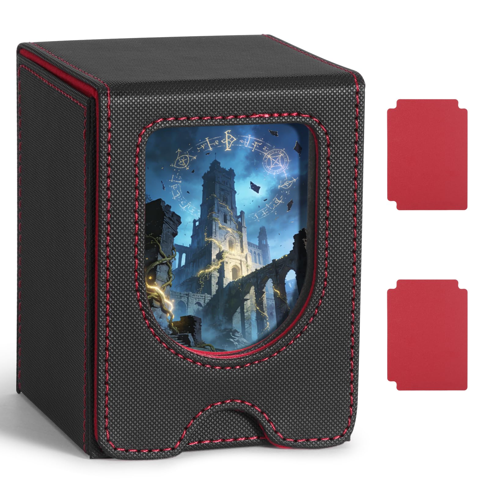 Euqvunn Deck Box - Magnetic Closure, Display Window, Holds up to 140 Single-Sleeved Cards | Black & Red