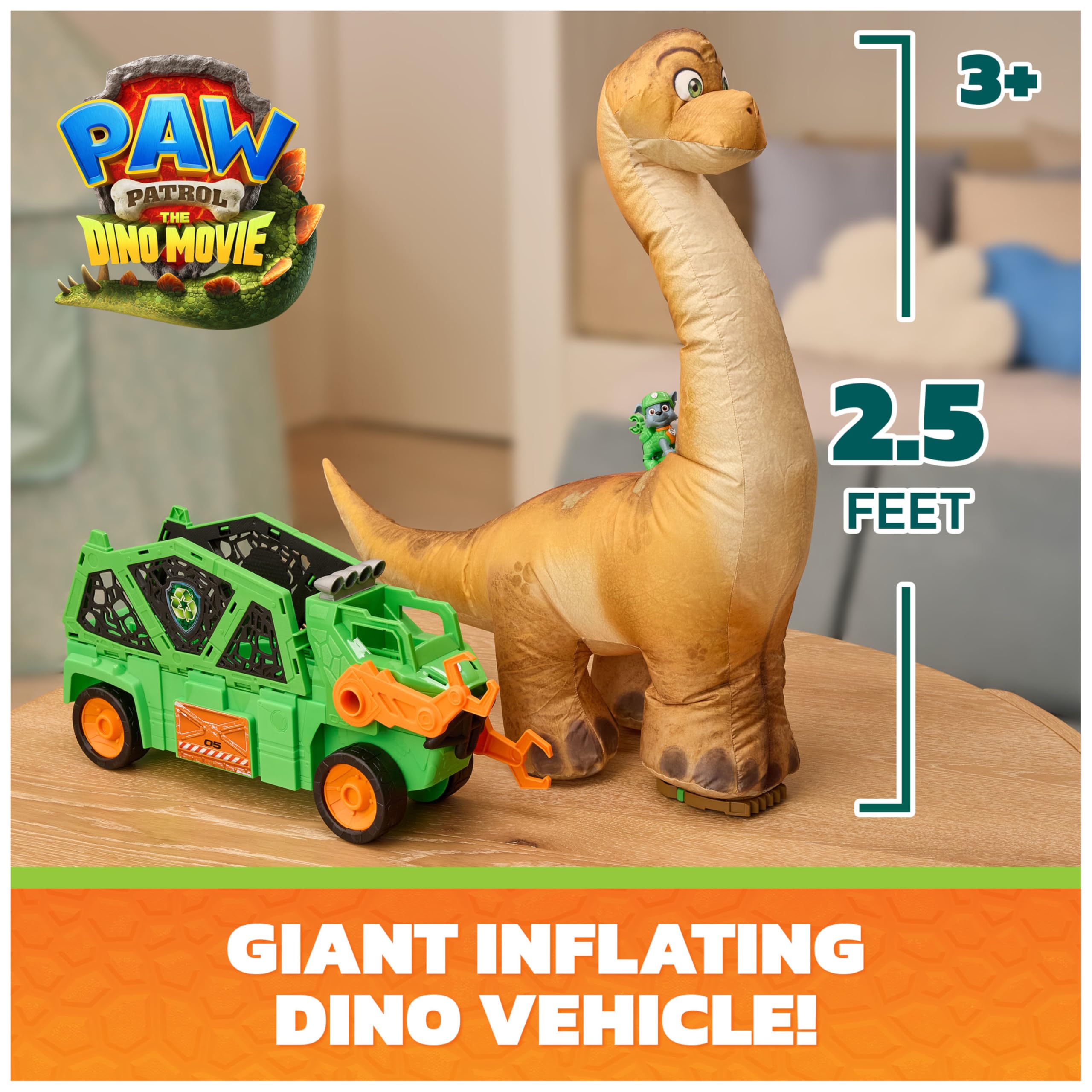 Paw Patrol Megasaurus Dino Vehicle Playset with Inflatable Dinosaur and Rocky Figure | Ages 3+ 2