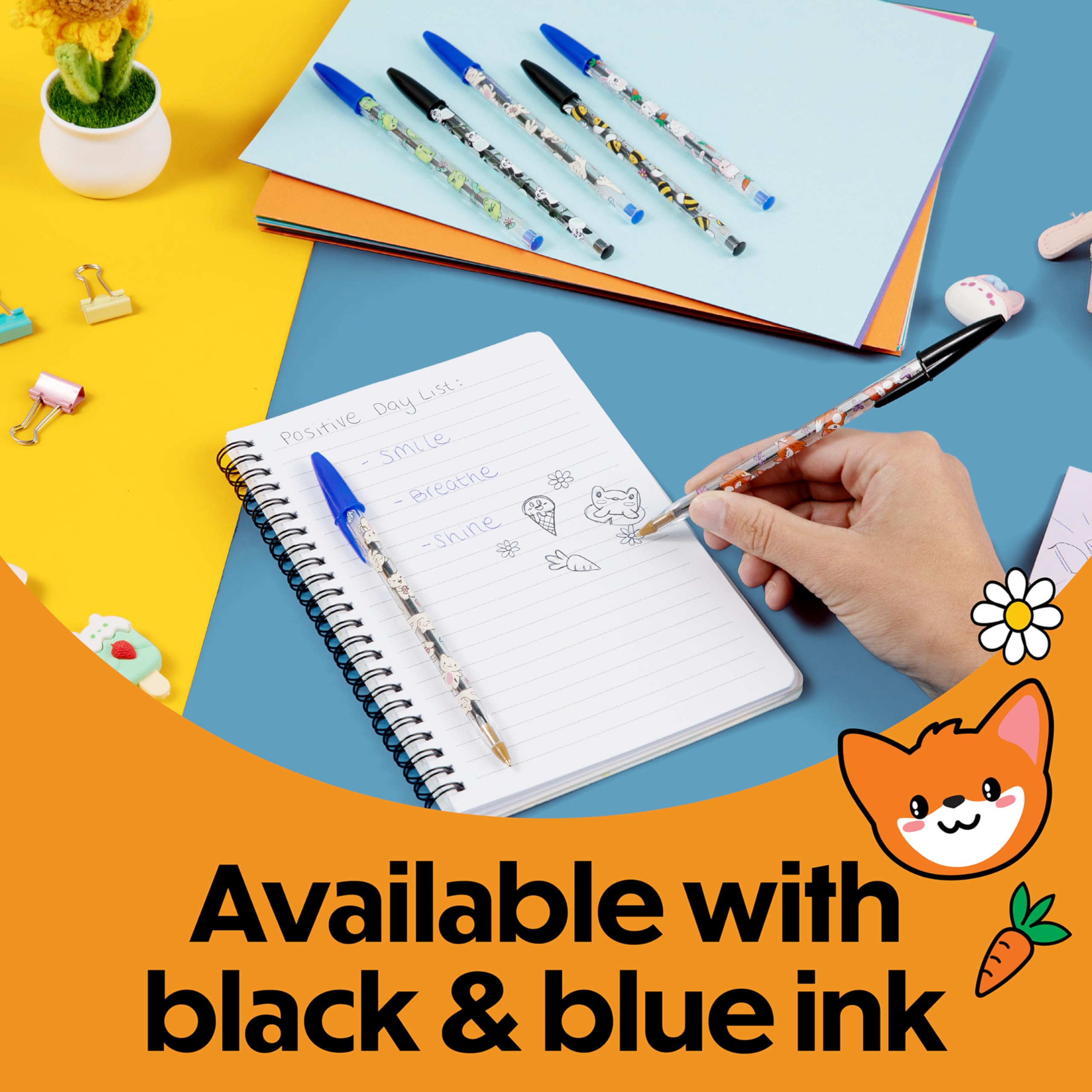 BIC Cristal Decors Kawaii Ballpoint Pens - Medium 1.0mm Point | Blue & Black Ink | Pack of 8 5