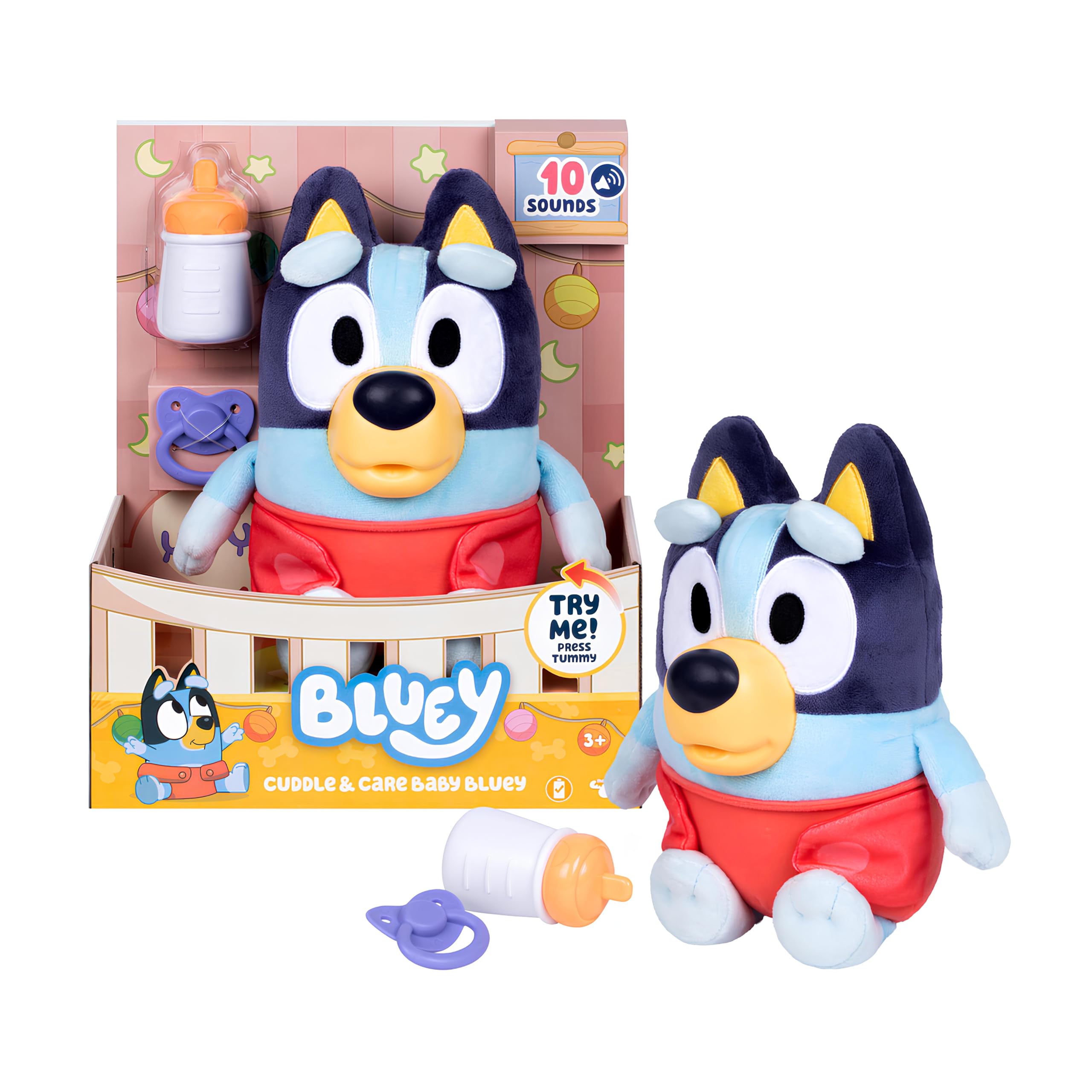 Bluey Cuddle & Care Baby - Interactive Electronic Plush Toy with Sounds & Accessories