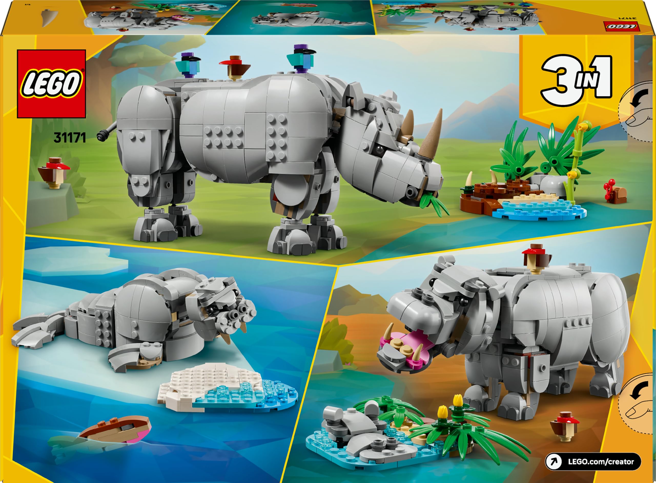 LEGO Creator 3in1 Wild Animals: Majestic Rhino with Birds Toy - Building Set for Ages 9+ 6