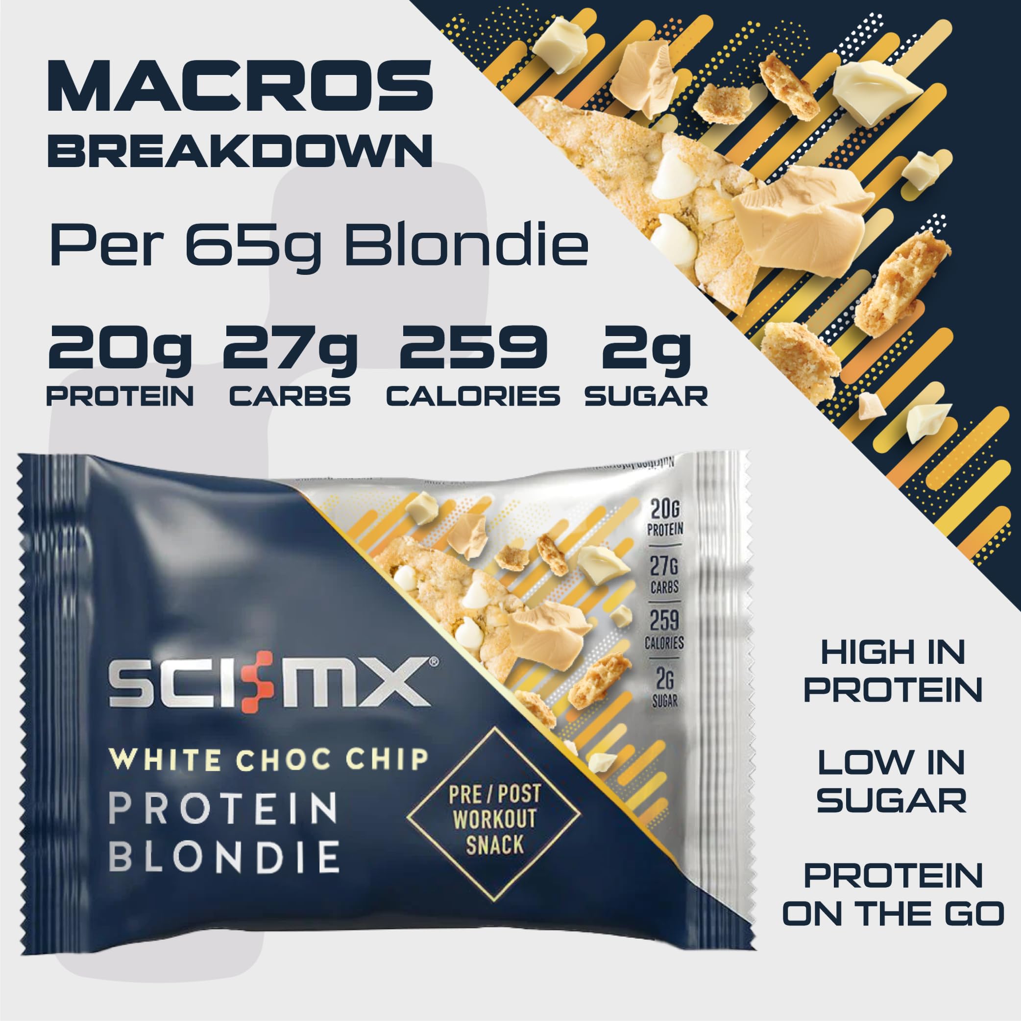 SCI-MX Protein White Chocolate Chip Blondie Box - 12 x 65g High Protein Snack 6