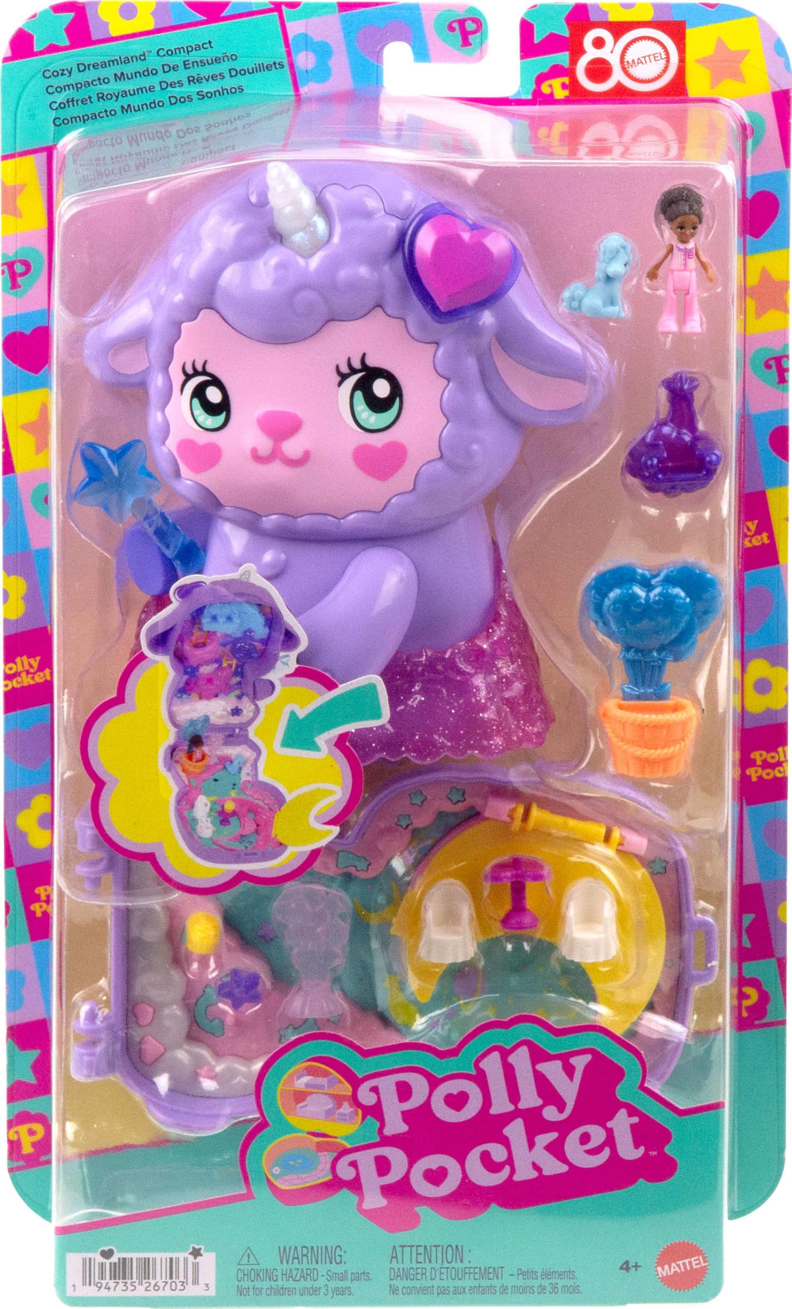 Polly Pocket Cozy Dreamland Lamb Compact Playset - Purple with Micro Doll & Unicorn Pet, Ages 4+ 6