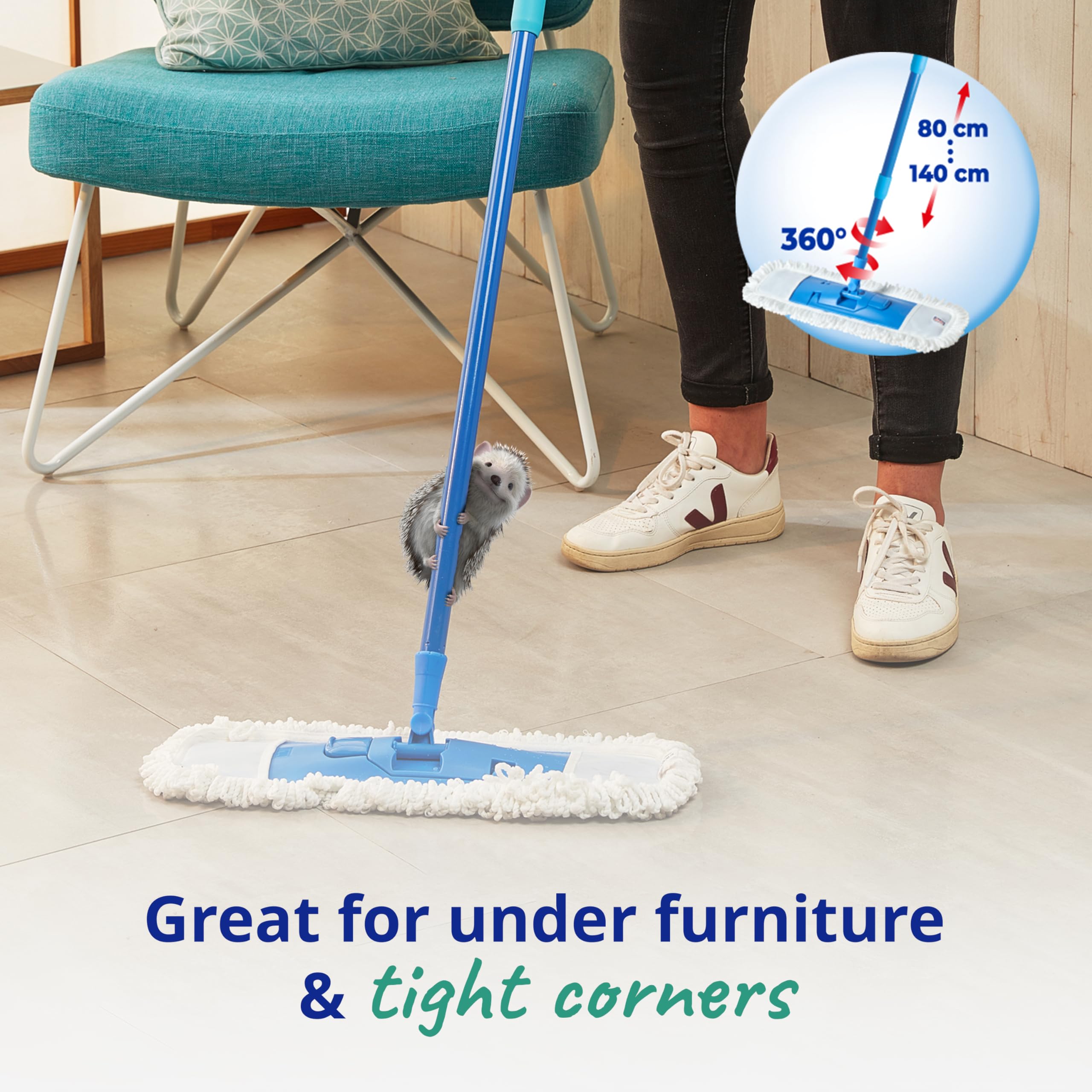 Spontex Extraflacher Mopp mit 2 Mikrofaserköpfen | Nass- und Trockenanwendung | 360° drehbarer Kopf | Verstellbarer Griff 5