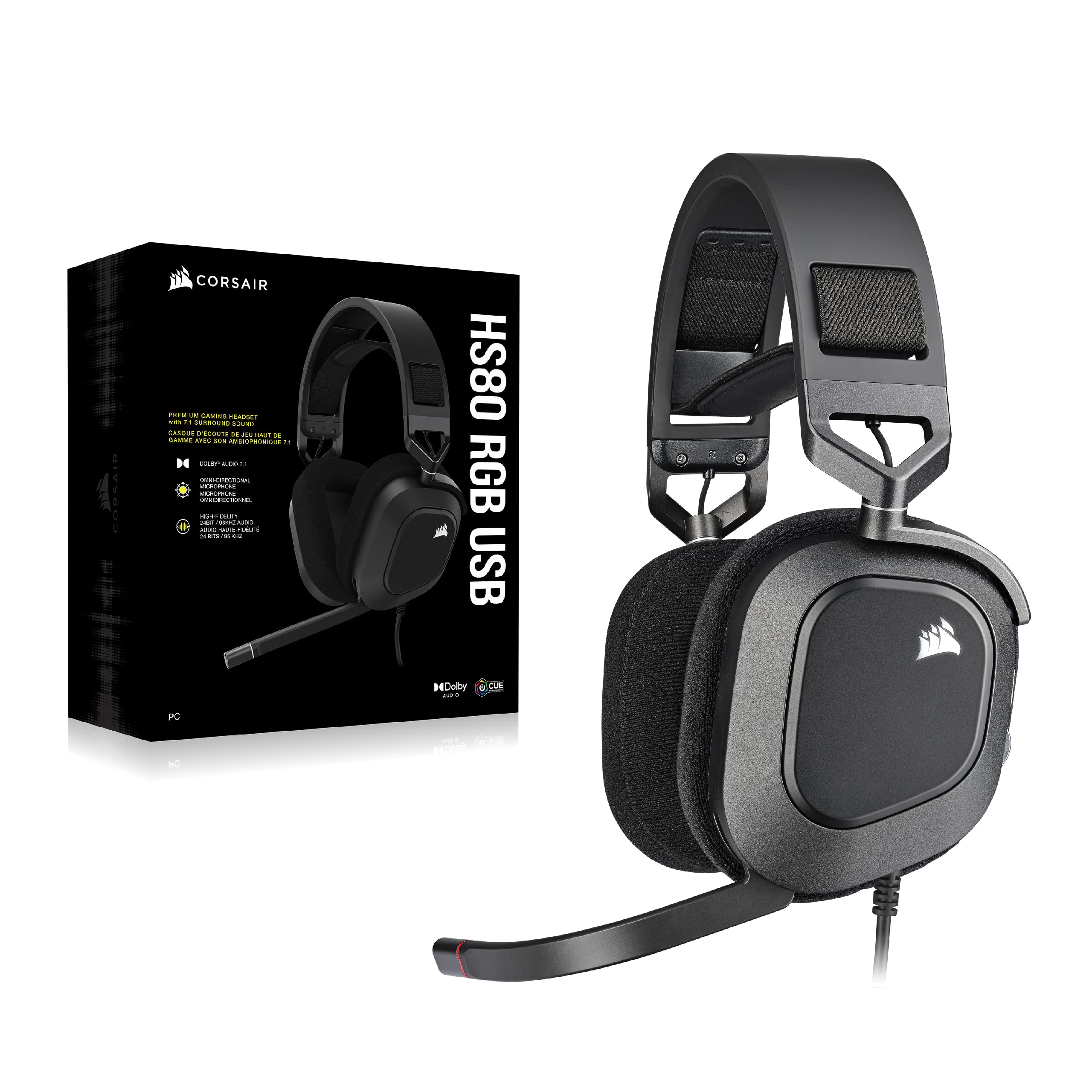 Corsair HS80 RGB USB Gaming Headset - Dolby 7.1 Surround Sound | 20Hz-40kHz | Black 7
