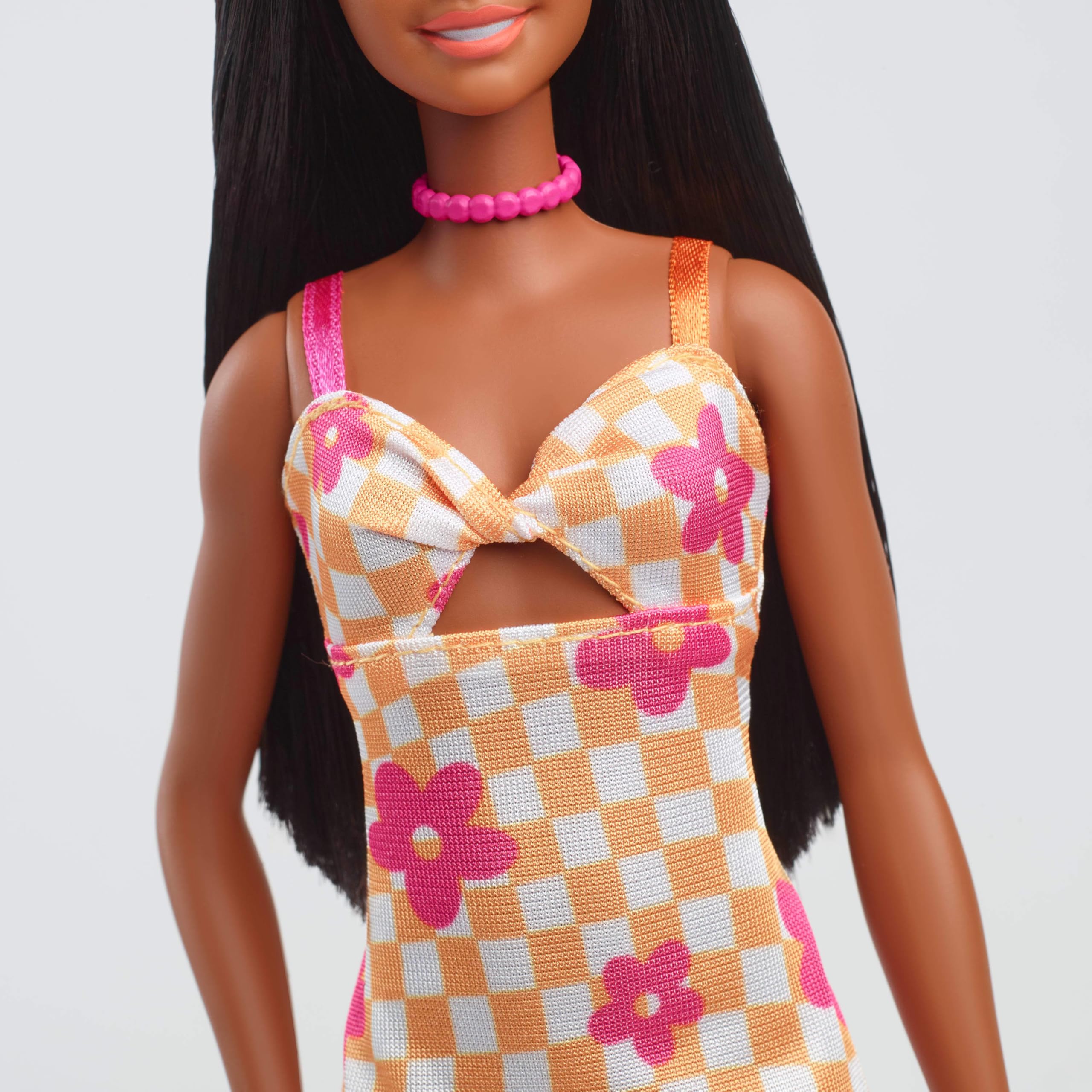 Barbie Fashionistas Doll #233 - Black Hair, Checkered Orange & White Dress 6