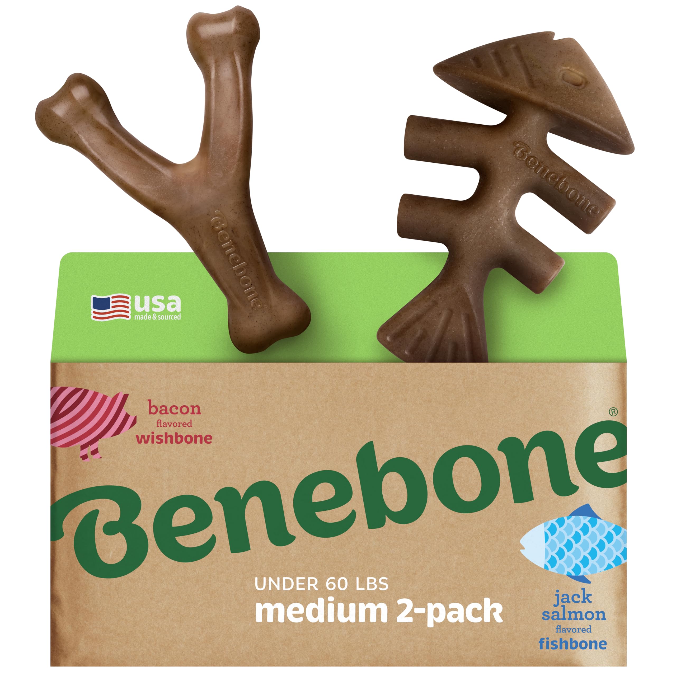 Benebone 2-Pack Fishbone & Wishbone Durable Nylon Chew Toys for Medium Dogs | Real Bacon & Salmon Flavor