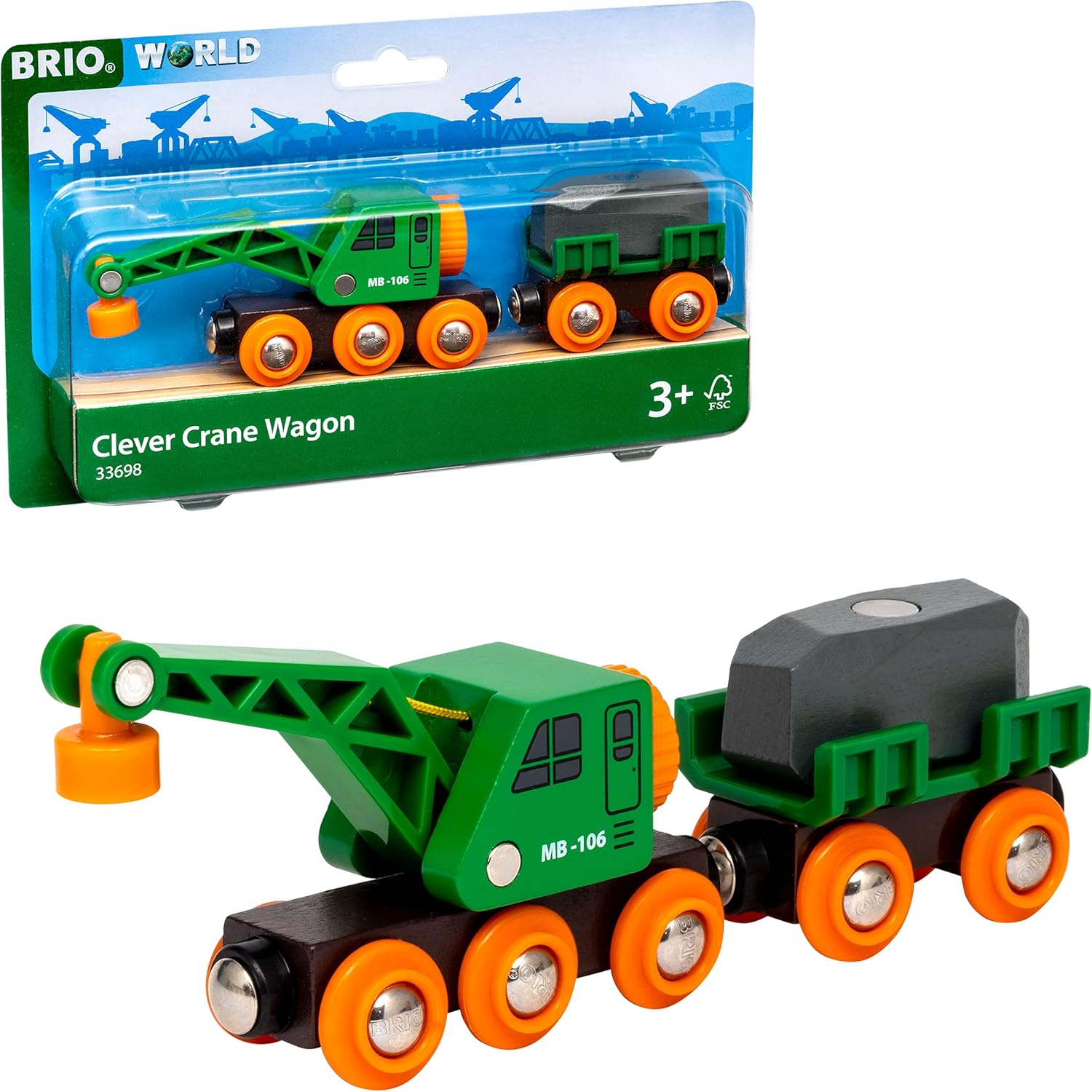 BRIO World Clever Crane Wagon - Wooden Construction Train Set Accessory for Kids