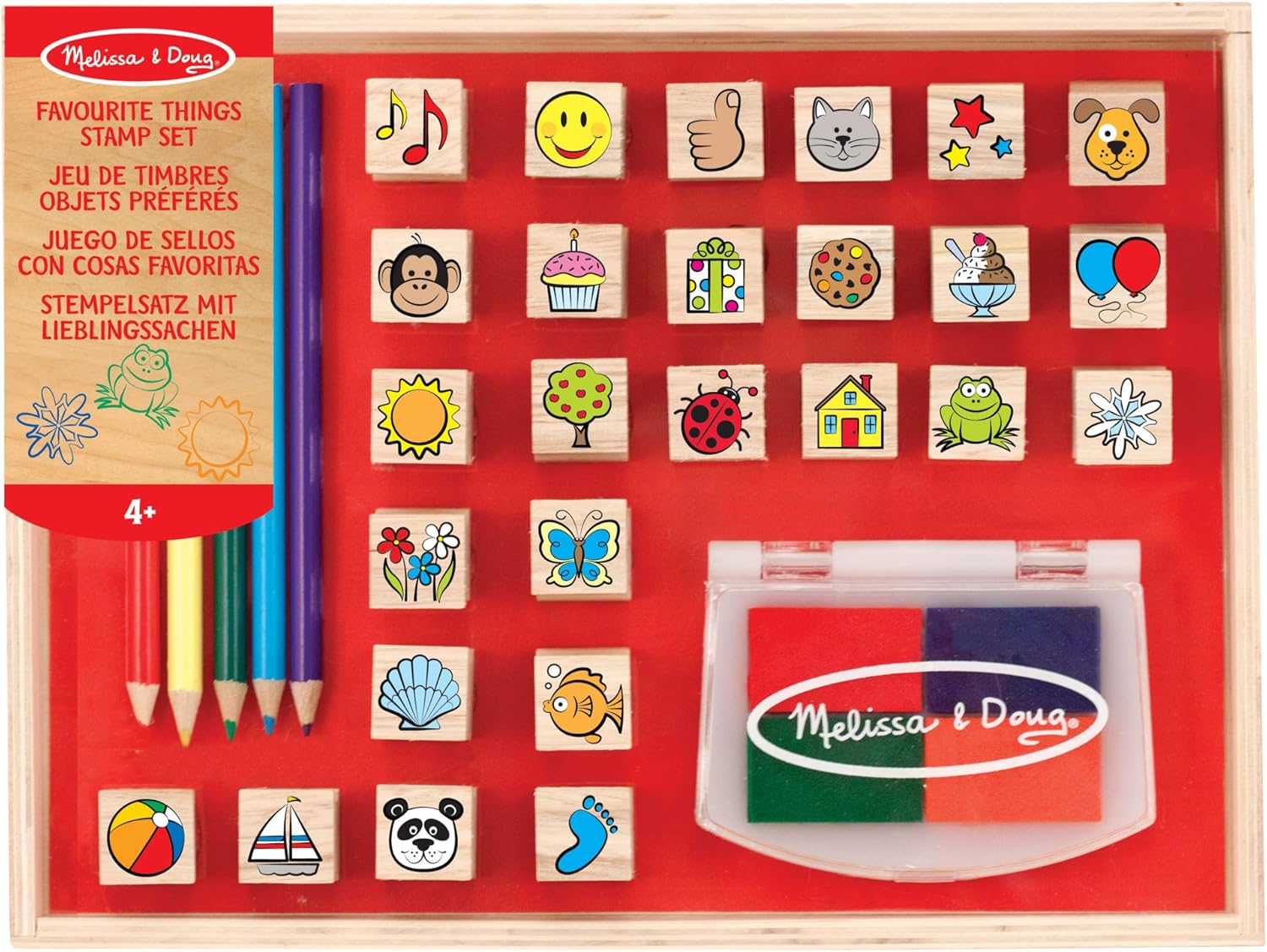 Melissa & Doug Favourite Things Stamp Set - 32-Piece Wooden Stamp Kit with Colored Pencils & Washable Ink Pad for Kids 4+