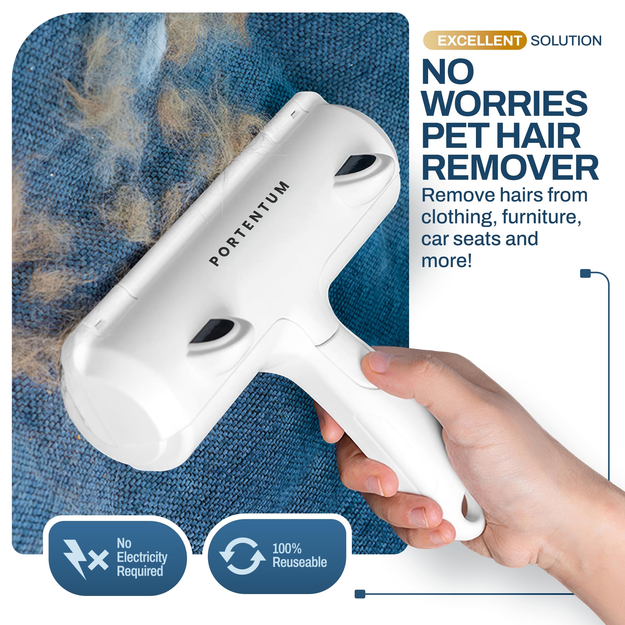 PORTENTUM Pet Hair Remover Roller - Reusable Self-Cleaning Lint Brush for Furniture & Carpet | Blue | Medium/Large