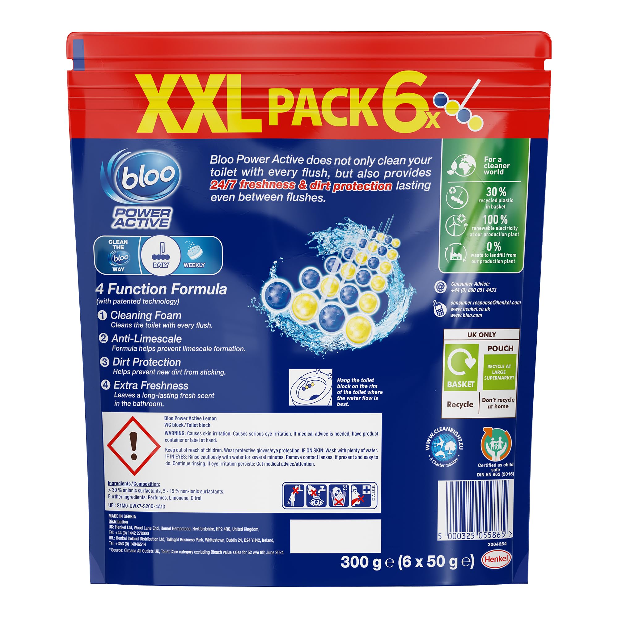 Bloo Power Active Toilet Rim Block XXL Pack (300g = 6x50g) - Fresh Lemon Scent 5