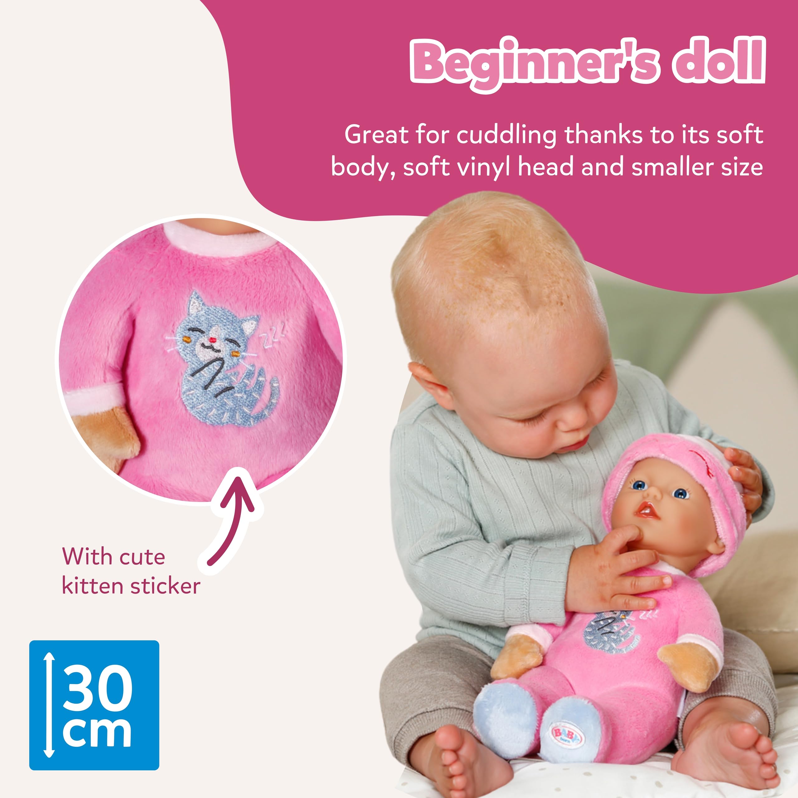 BABY born Sleepy Pink 30cm Soft Fabric Doll with Cat Design - Cuddly Baby Toy 6