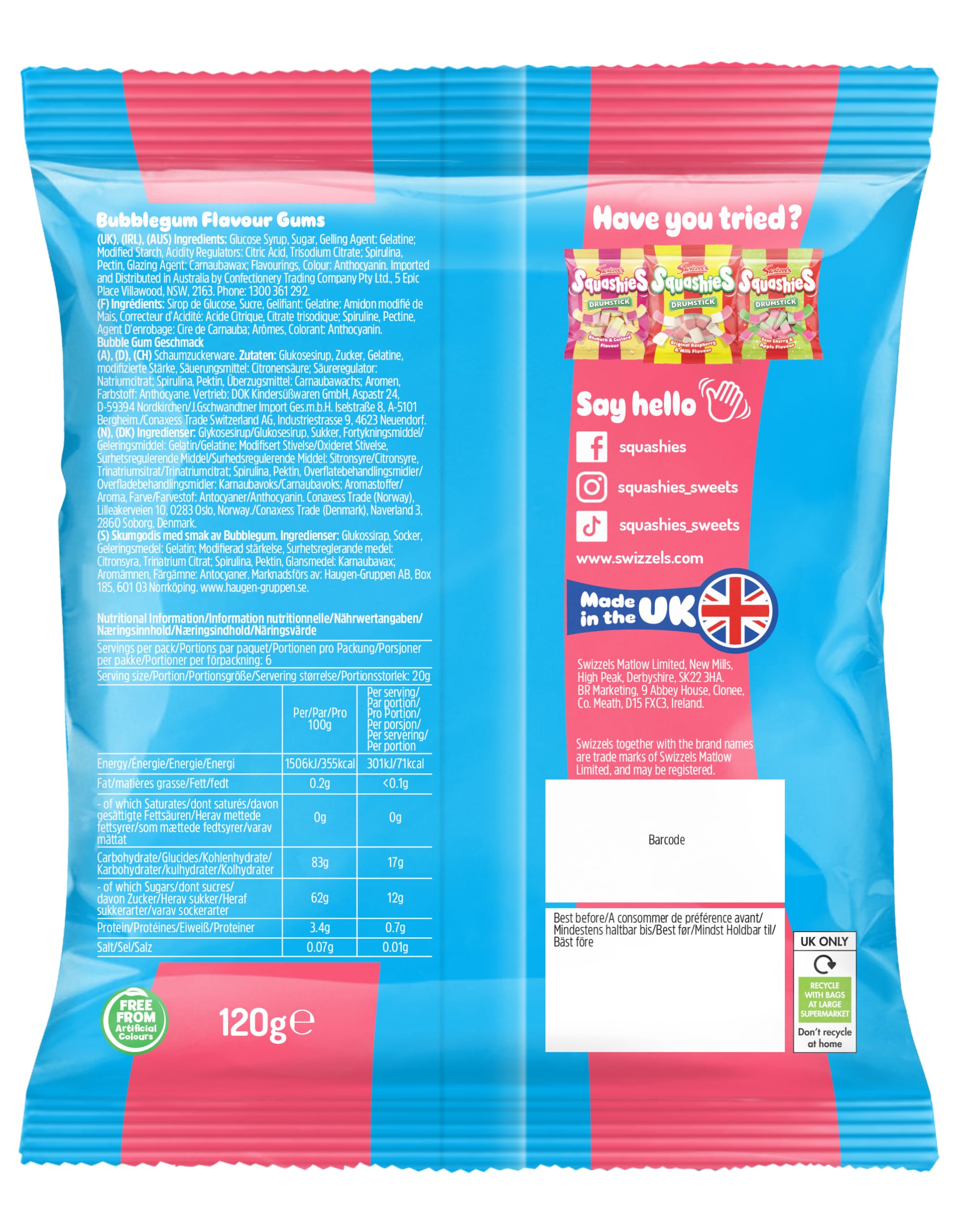 Swizzels Squashies Sweets - Bubblegum Flavour - 120g