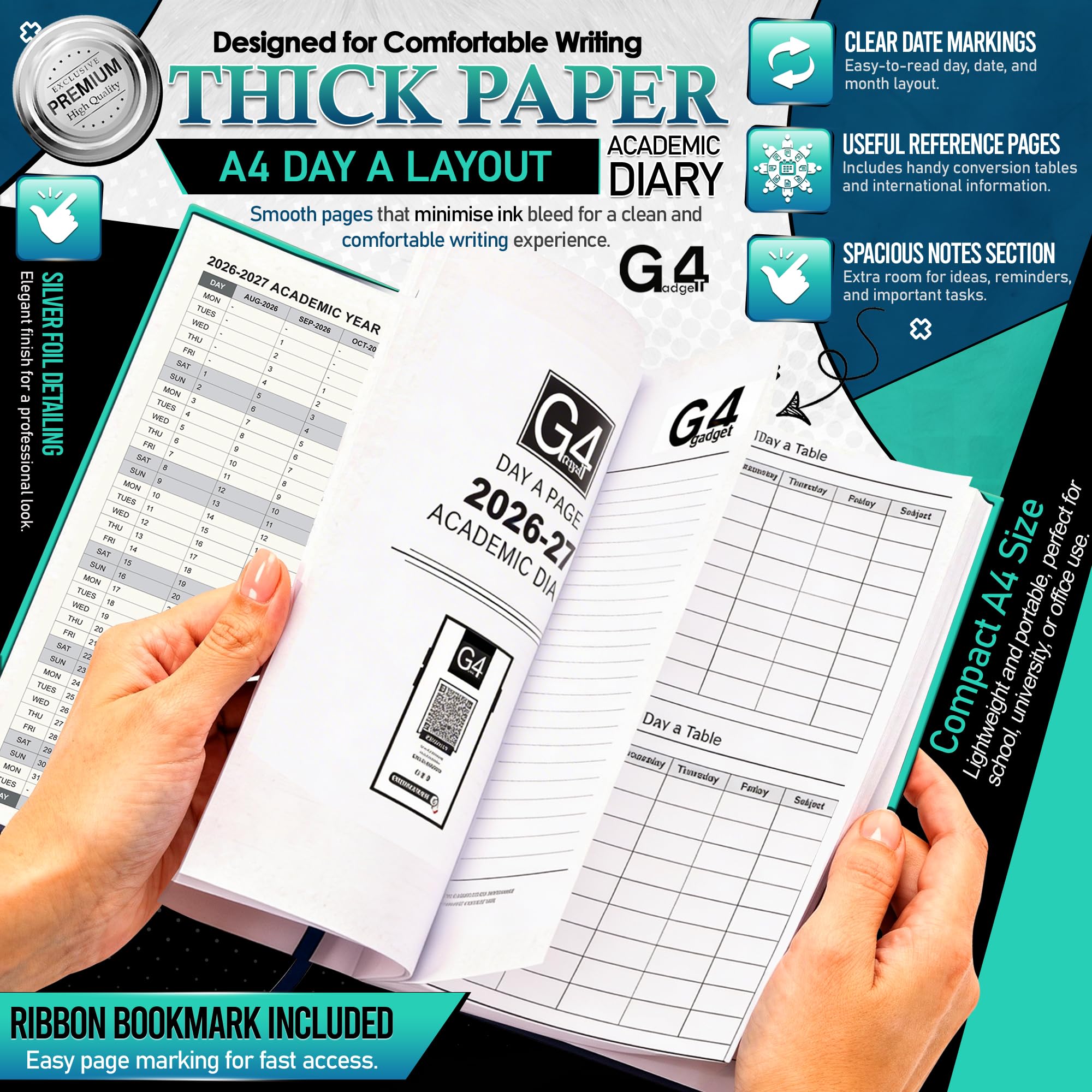 G4GADGET 2026-2027 Academic Diary - A4 Day A Page | Teal Hardback | August 2026 Start 2