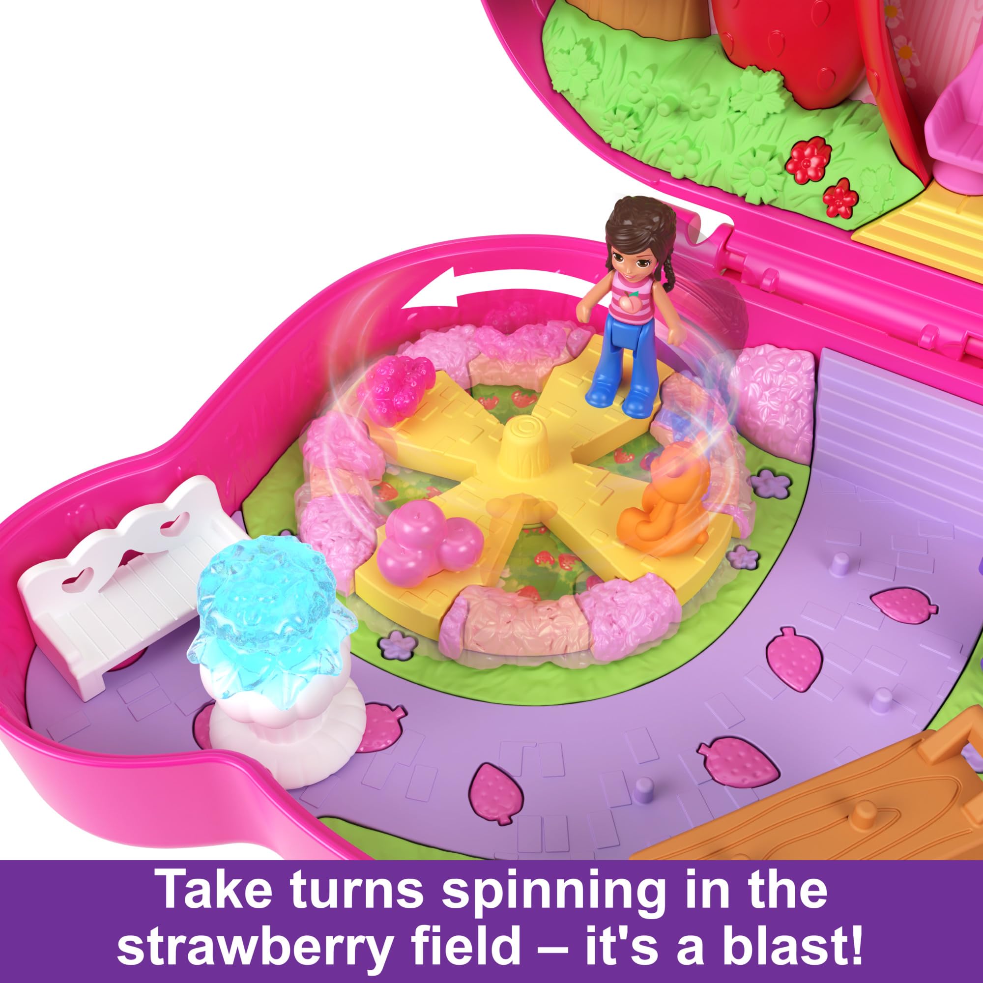 Polly Pocket Straw-beary Patch Compact Playset - 2 Micro Dolls, 12 Accessories, Fidget Exterior, Ages 4+ 4