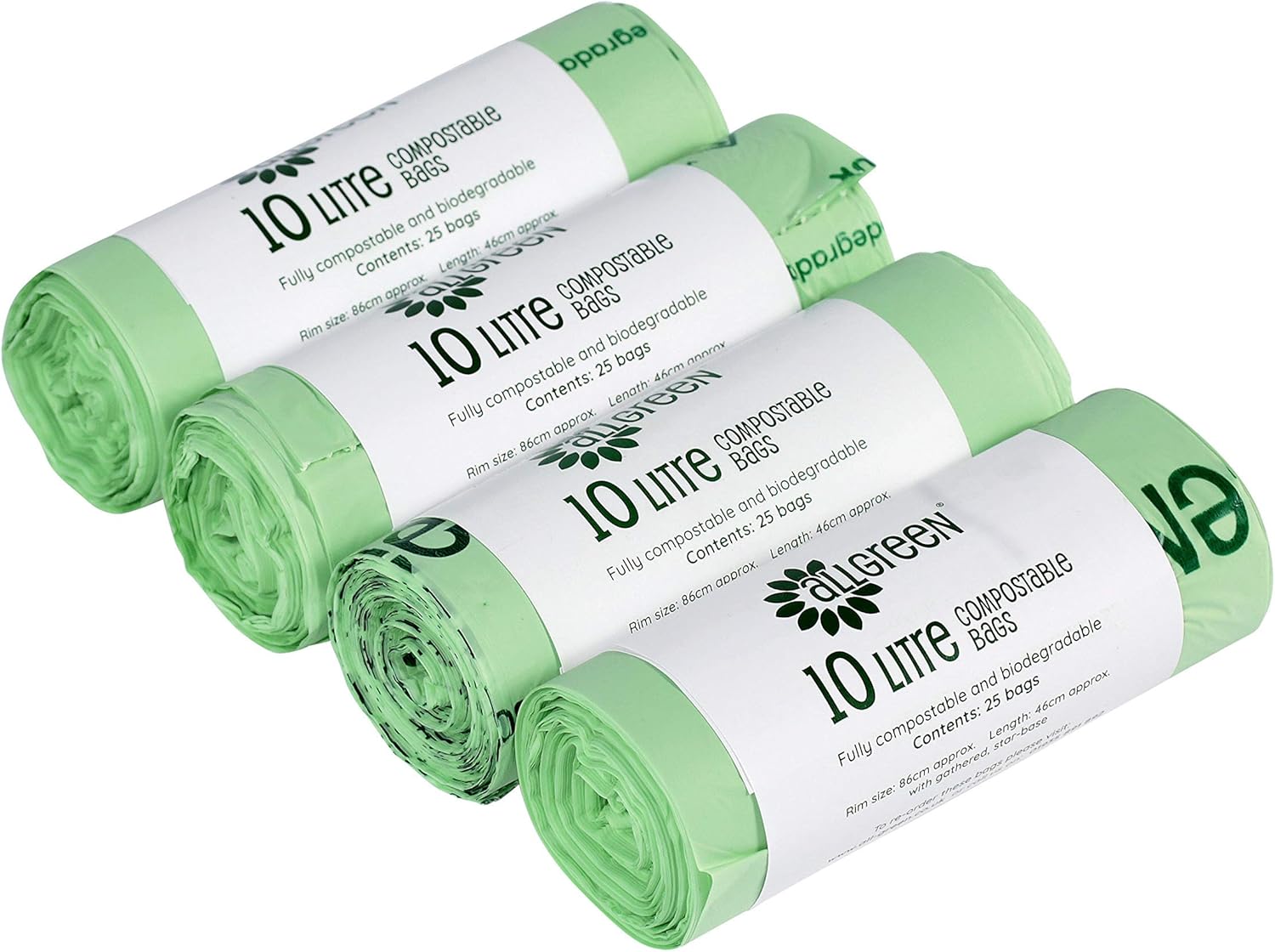 All-Green VC 10L-4 10 Litre Compostable Kitchen Caddy Bin Liners - 100 Bags (4 Rolls)