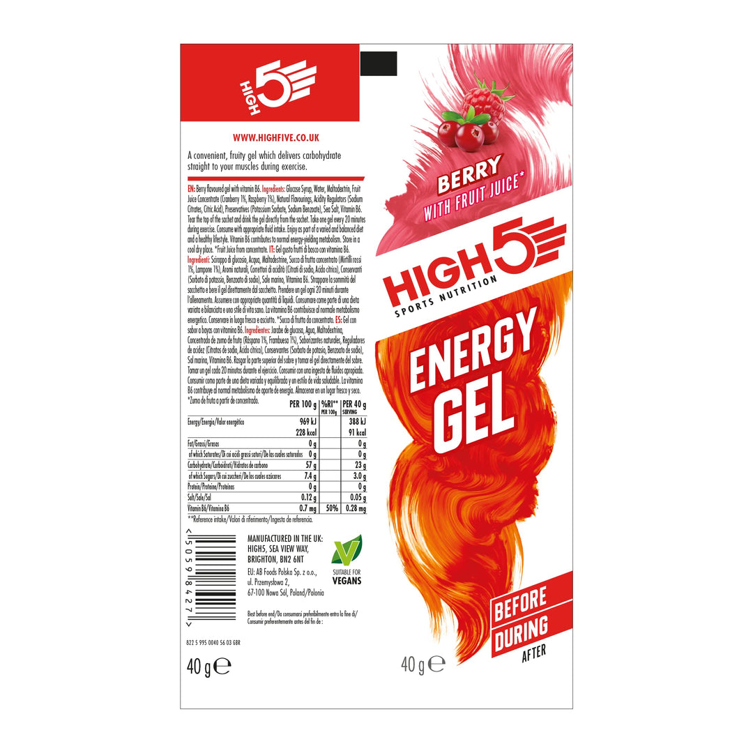 HIGH5 Energy Gels - Quick Release Sports Gels to Power Muscles for Peak Performance - Natural Fruit Juice & Caffeine-Free - On The Go Energy Boost for Running, Cycling and Endurance (Berry, 6 x 40g)