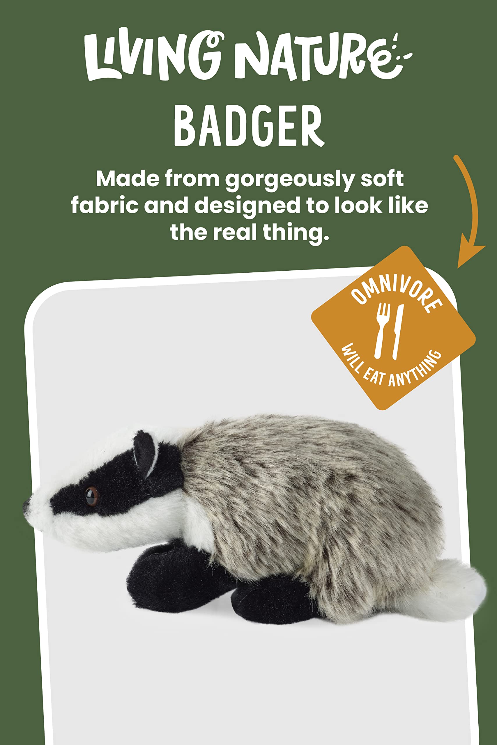 Living Nature Badger Soft Toy AN234 - Medium 20cm | Eco-Friendly Plush | Educational