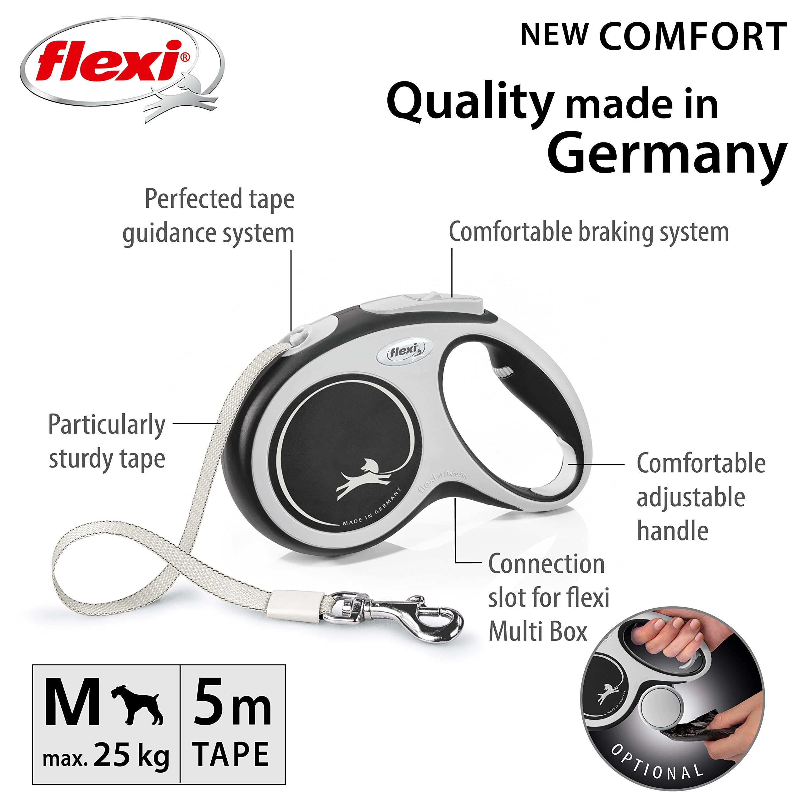 flexi New Comfort Tape Retractable Dog Lead - 5m | Up to 25kg | Black