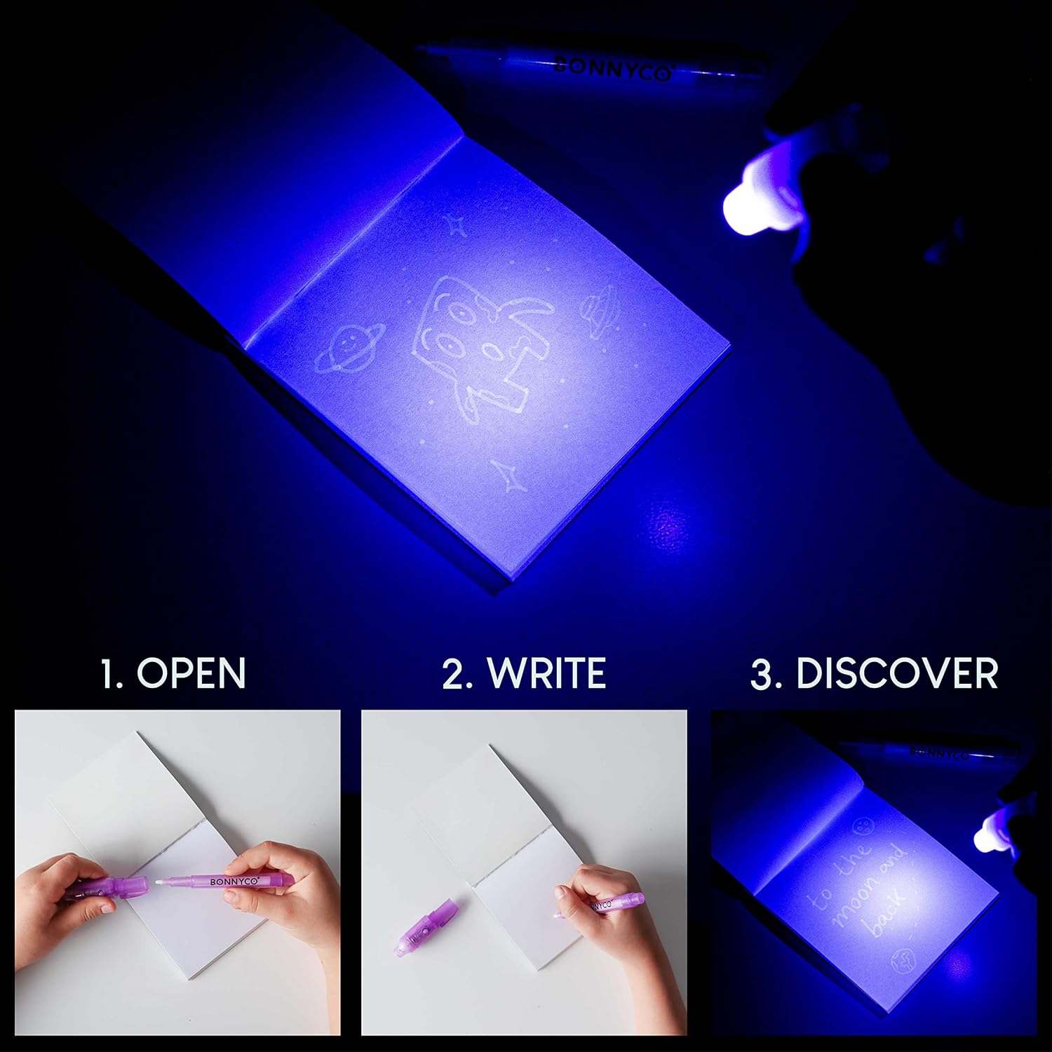 BONNYCO Invisible Ink Pen and Notebook Set - 16 Pack Space Party Bag Fillers with UV Light 5