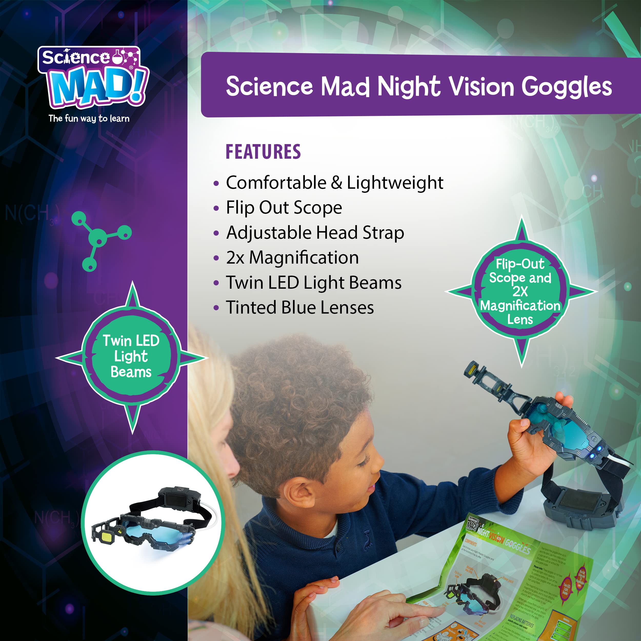 Science Mad! Night Vision Goggles for Kids - 2x Magnification & LED Lights - Black 7
