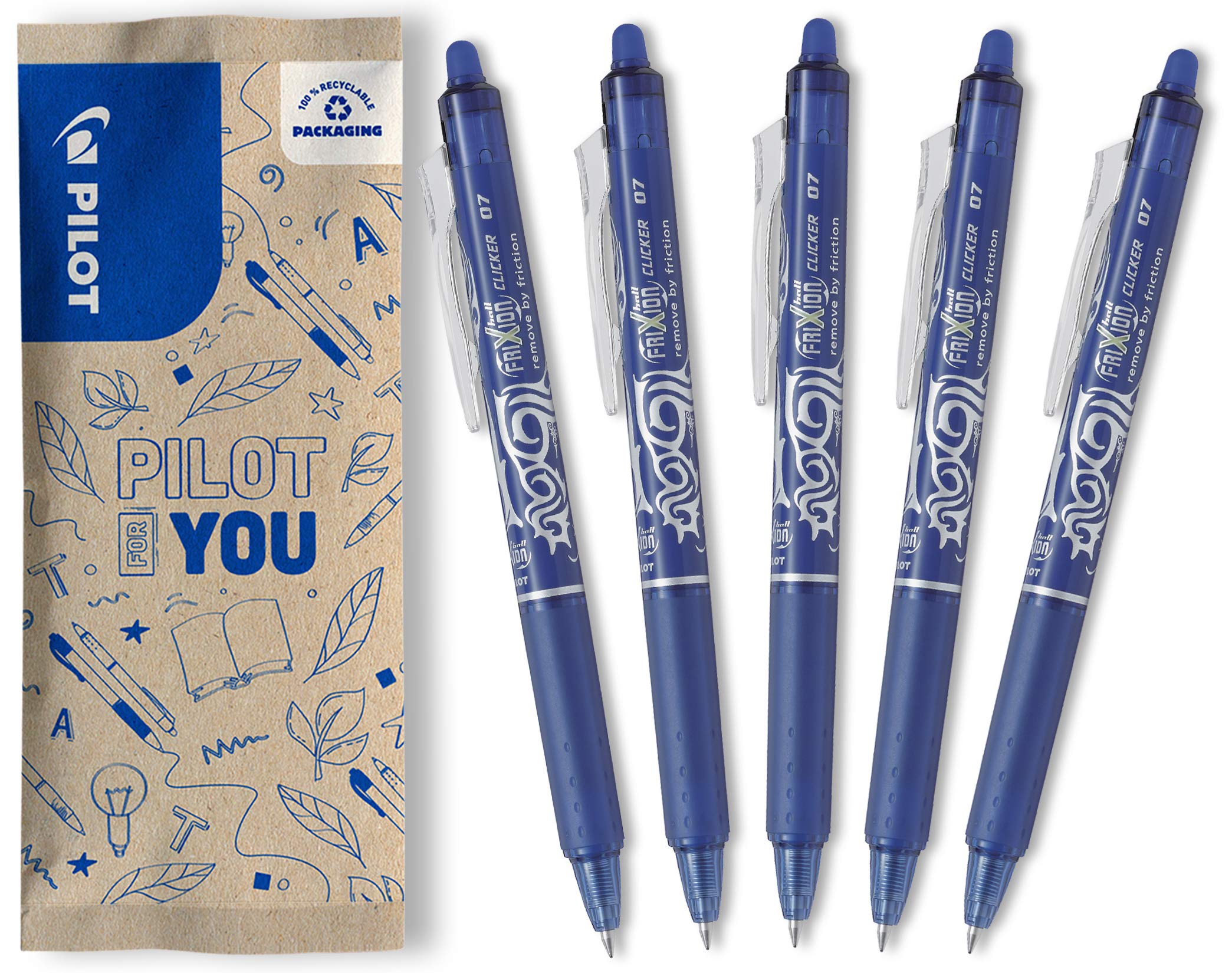 PILOT FriXion Clicker Erasable Rollerball Pen - 0.7mm Medium Point, Blue Ink | Pack of 5 1