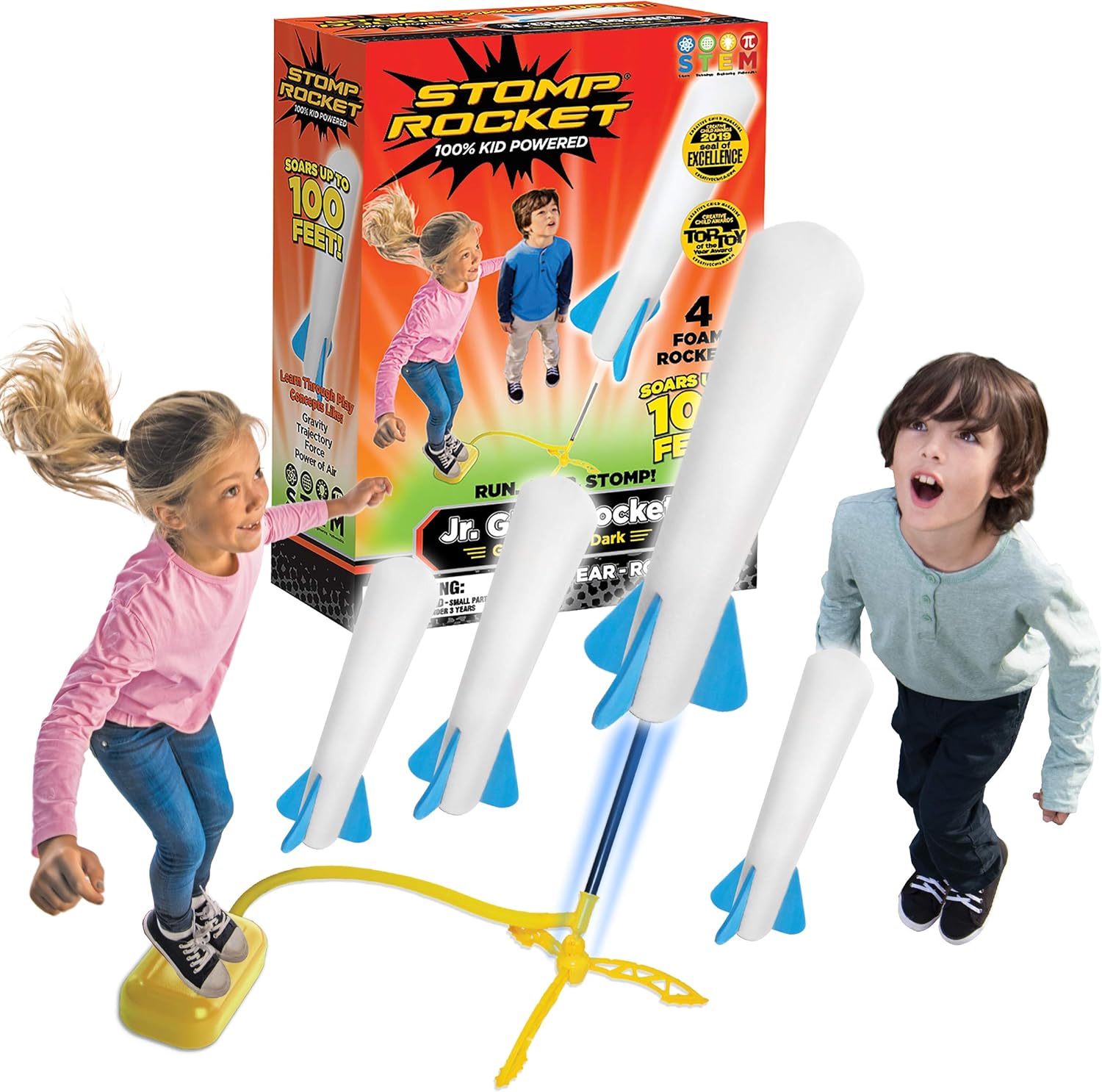 Stomp Rocket 20005 Junior Glow - Glow-in-the-Dark Foam Rockets for Kids Ages 3+ 6