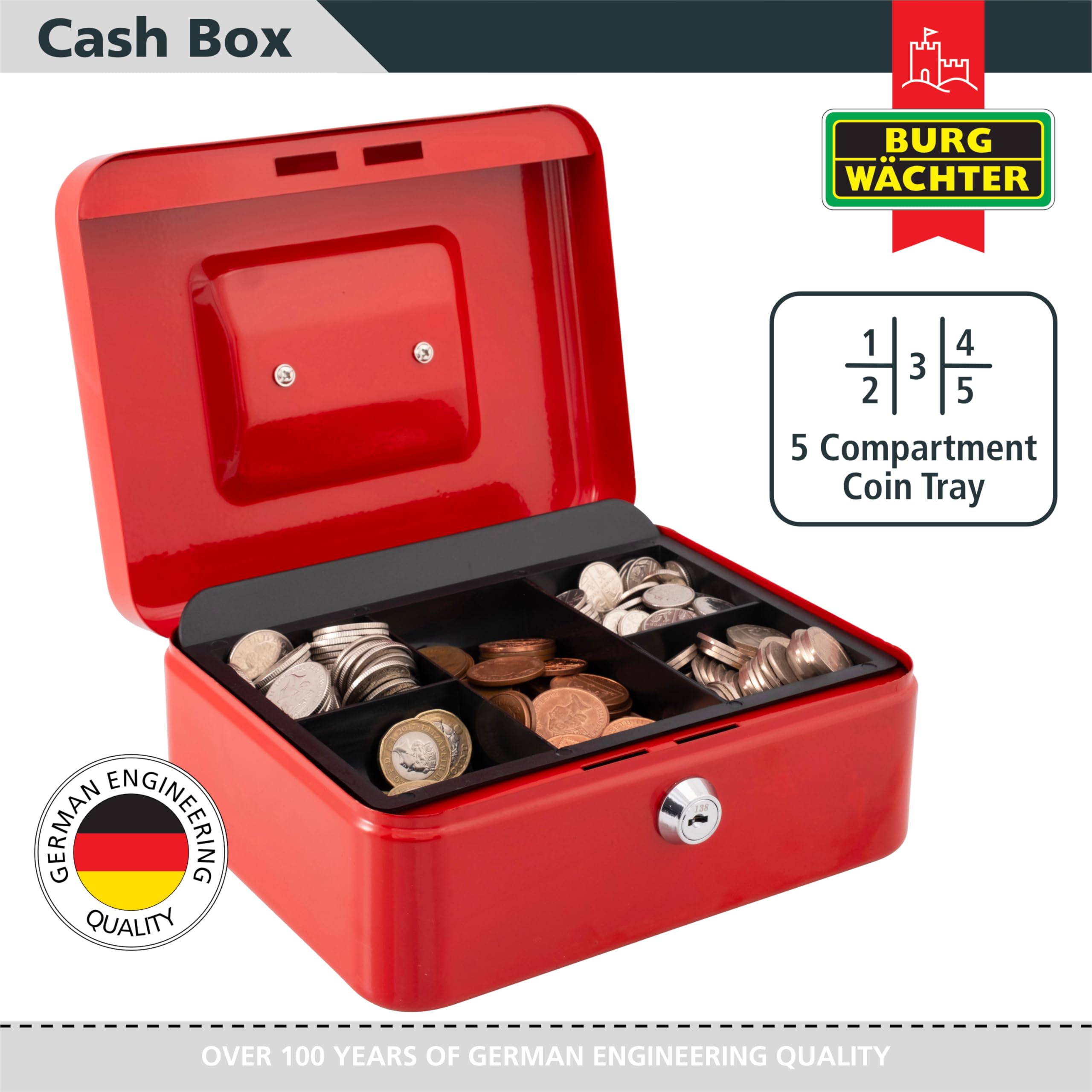 Burg-Wächter CB03R Cash Box - 10' Size | Key Lock | Red Metal Construction 2