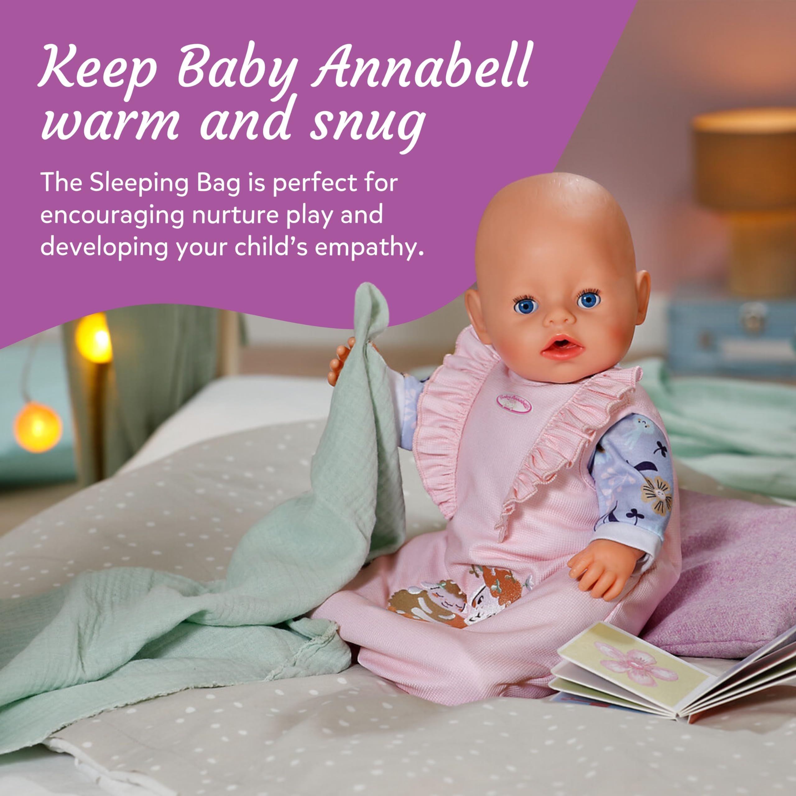 Baby Annabell - Sleeping Bag for 36cm & 43cm Dolls - Pink Floral Design with Sheep Embroidery